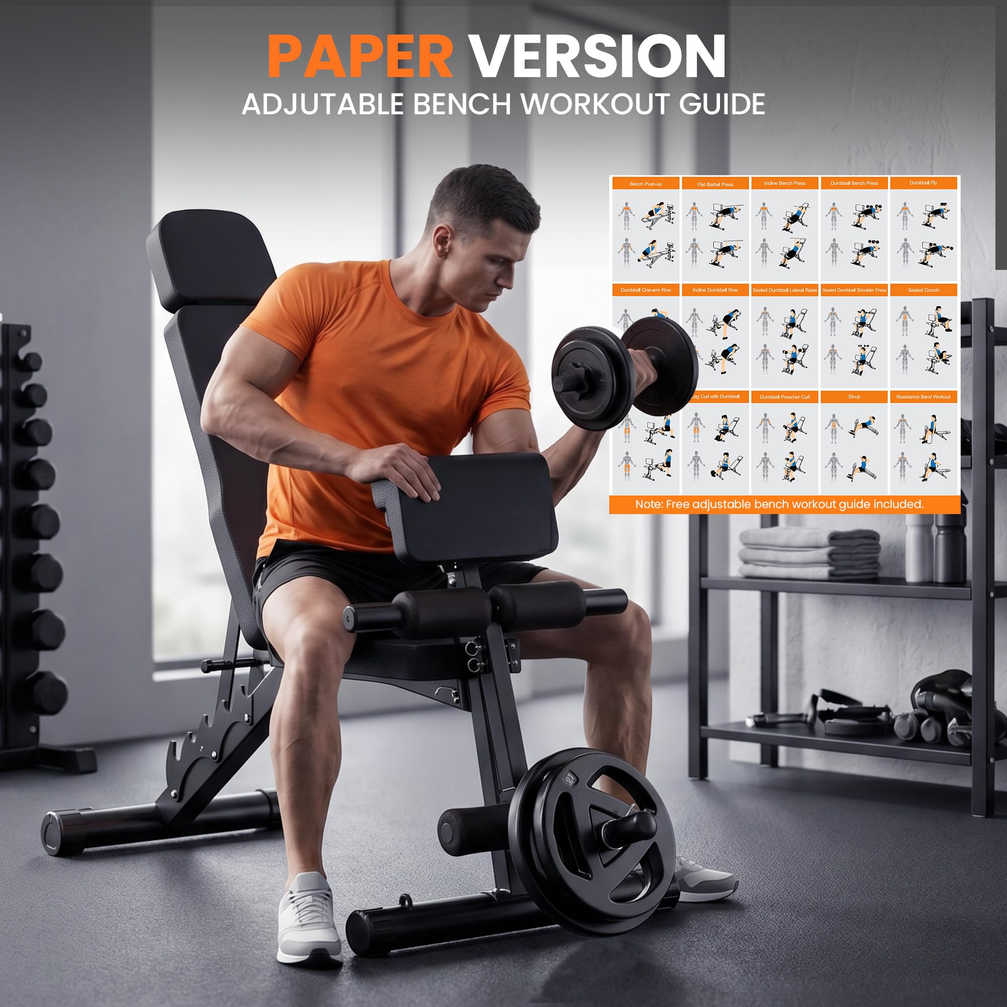Adjustable Workout Bench, Weight Bench for Home Gym, Preacher Curl Bench with Leg Extension for Full Body Training Fitness, Foldable Incline Flat Decline Sit Up Bench Equipment for Bench Press Dumbbell Exercise with Wheels