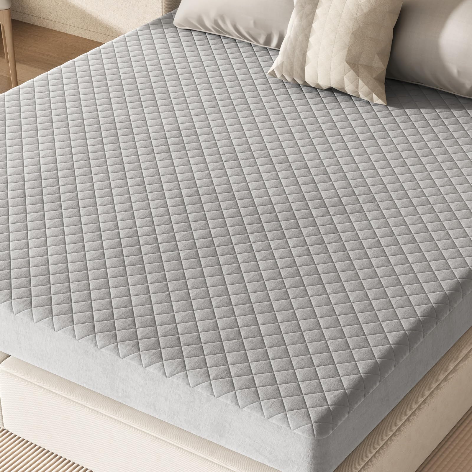 COSTWAY Single/King/Super King Size Mattress Protector, 41cm Extra Deep Pocket Quilted Mattress Cover with Sponge Padding, Luxury Super Soft Velvet Fitted Bed Sheet, Grey (Super King-184 x 202cm)