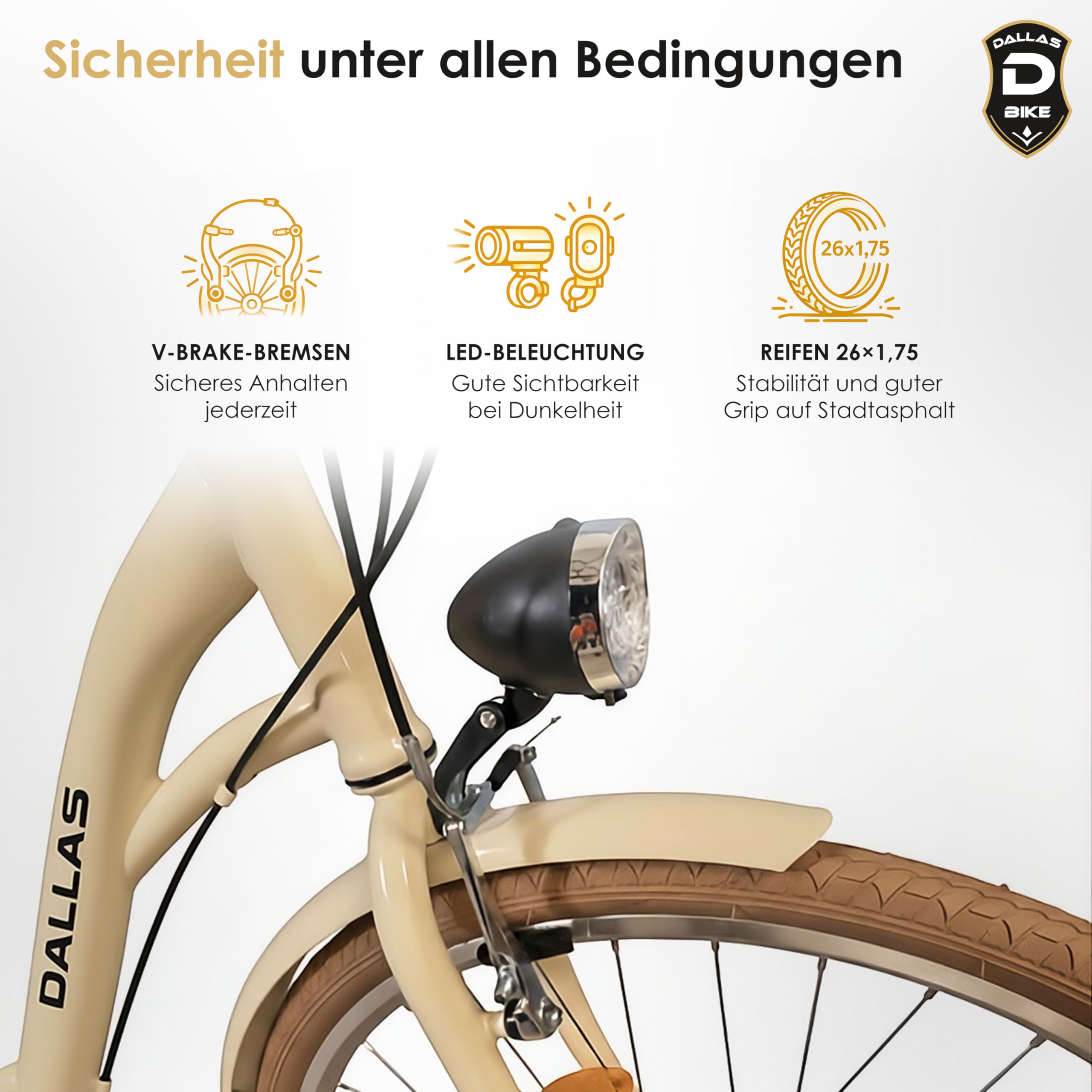 Fahrrad 26 Zoll - Bequemes Cityrad für Damen und Herren - mit 7-Gang Shimano Schaltung - Komfortabler Tiefeinsteiger für Stadt und Pendler - Dallas City - Creme, Braune