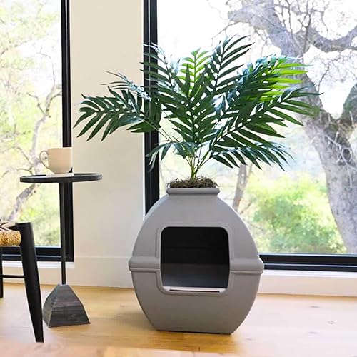 Miniatura 50 de Good Pet Stuff Kit original de caja de arena oculta y forro reutilizable, maceta redonda cerrada con plantas artificiales, sistema de filtro de olor