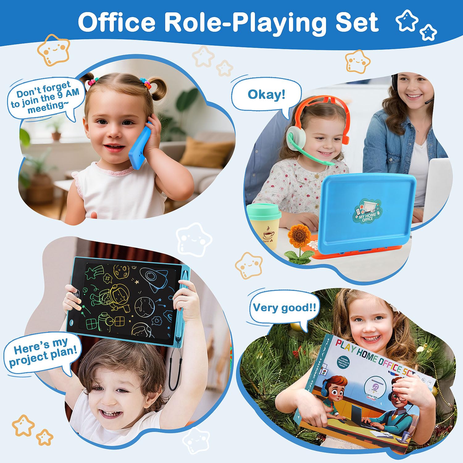 Juego de simulación, juego de oficina en casa para niños, cuenta con computadora portátil de juguete, tableta de escritura LCD, teléfono de juguete, auriculares, girasol y taza de café, regalos de 2