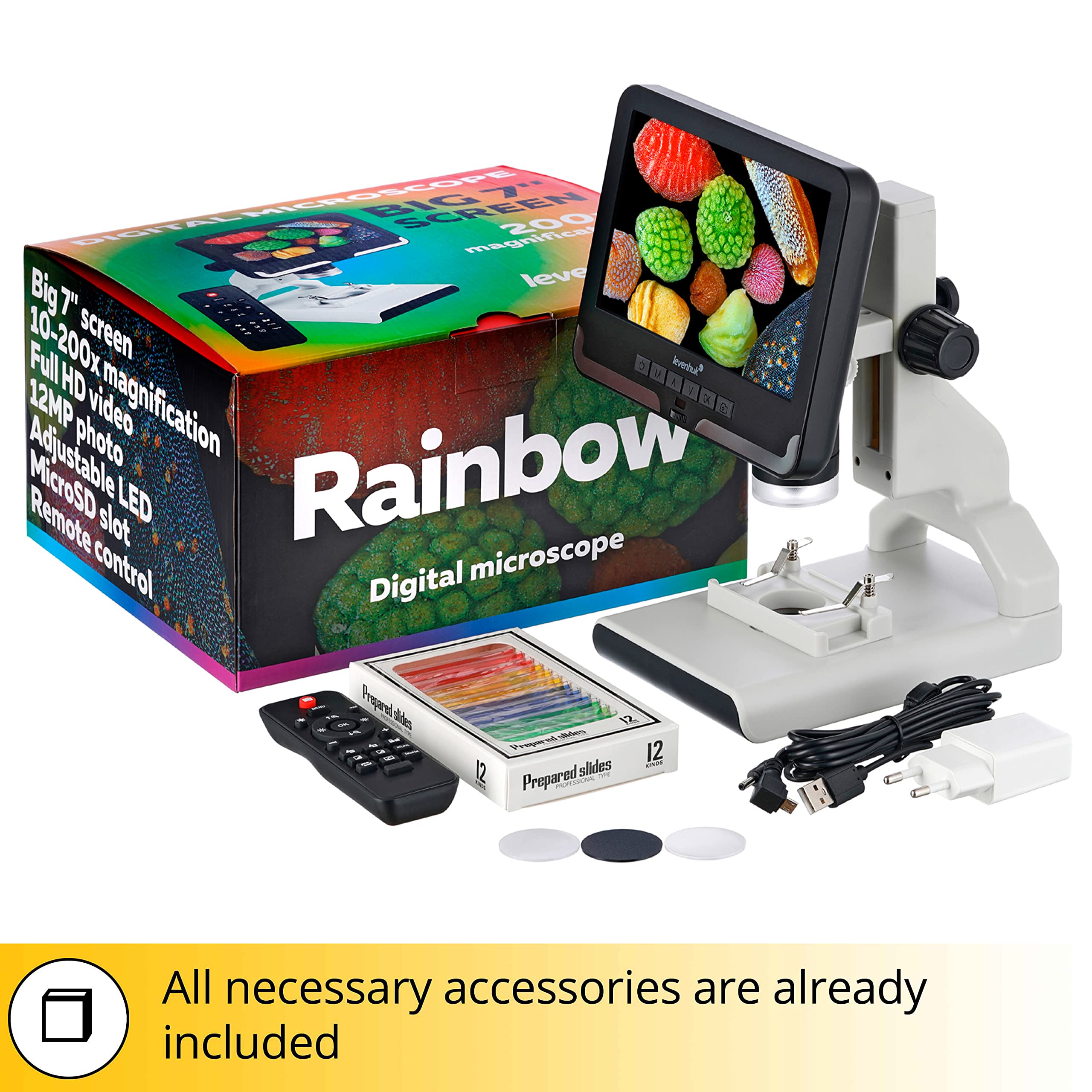 Levenhuk Rainbow DM700 LCD Digitales Drahtloses Mikroskop mit 17,8-cm-LCD-Bildschirm, 10- bis 200-Facher Vergrößerung, Fernbedienung und Dias im Set