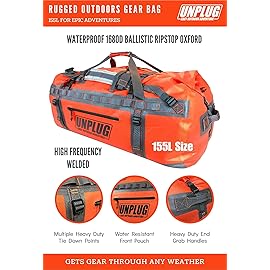 UNPLUG Ultimate Adventure | 1680D Heavy Duty Waterproof Bag | Large Travel Bag which can be Used for Camping, Motorcycling, Boating, or Hunting| 65L Adventure Orange