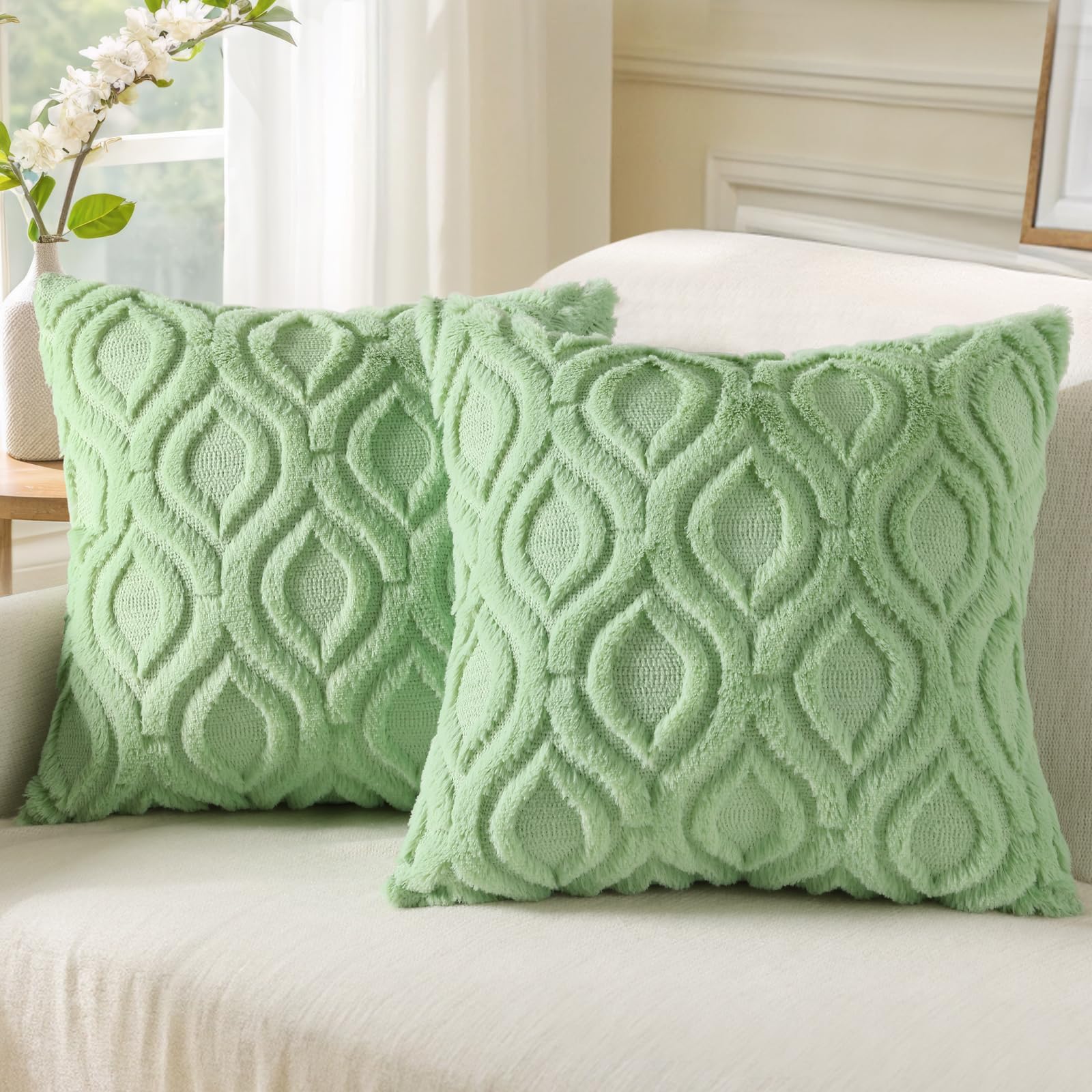 decorUhome Throw Pillow Covers 22x22 Inch Set of 2, Soft Plush Faux Wool Light Sage Green Solid Couch Pillow Covers, Accent Farmhouse Neutral Square Pillow Cases for Sofa Bed Living Room