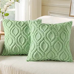 decorUhome Throw Pillow Covers 20x20 Inch Set of 2, Soft Plush Decorative Faux Fur Sage Green Solid Couch Pillow Covers, Accent Farmhouse Neutral Square Euro Pillow Cases for Sofa Bed Living Room