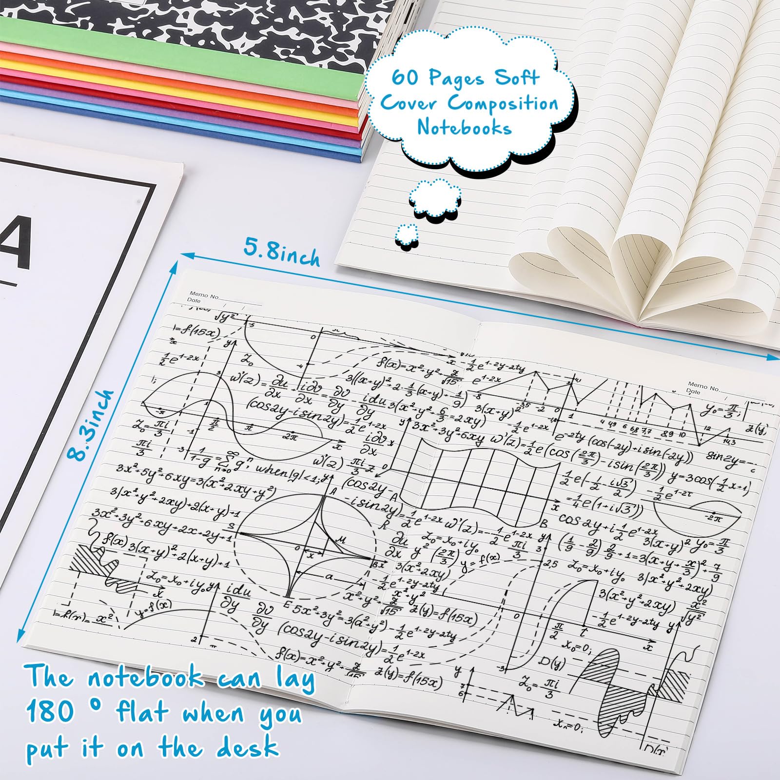 Fainne Lot de 100 carnets de composition A5 à lignes larges - Carnet de notes ligné pour étudiant, salle de classe, fournitures de bureau, 30 feuilles/60 pages (dos multicolore)