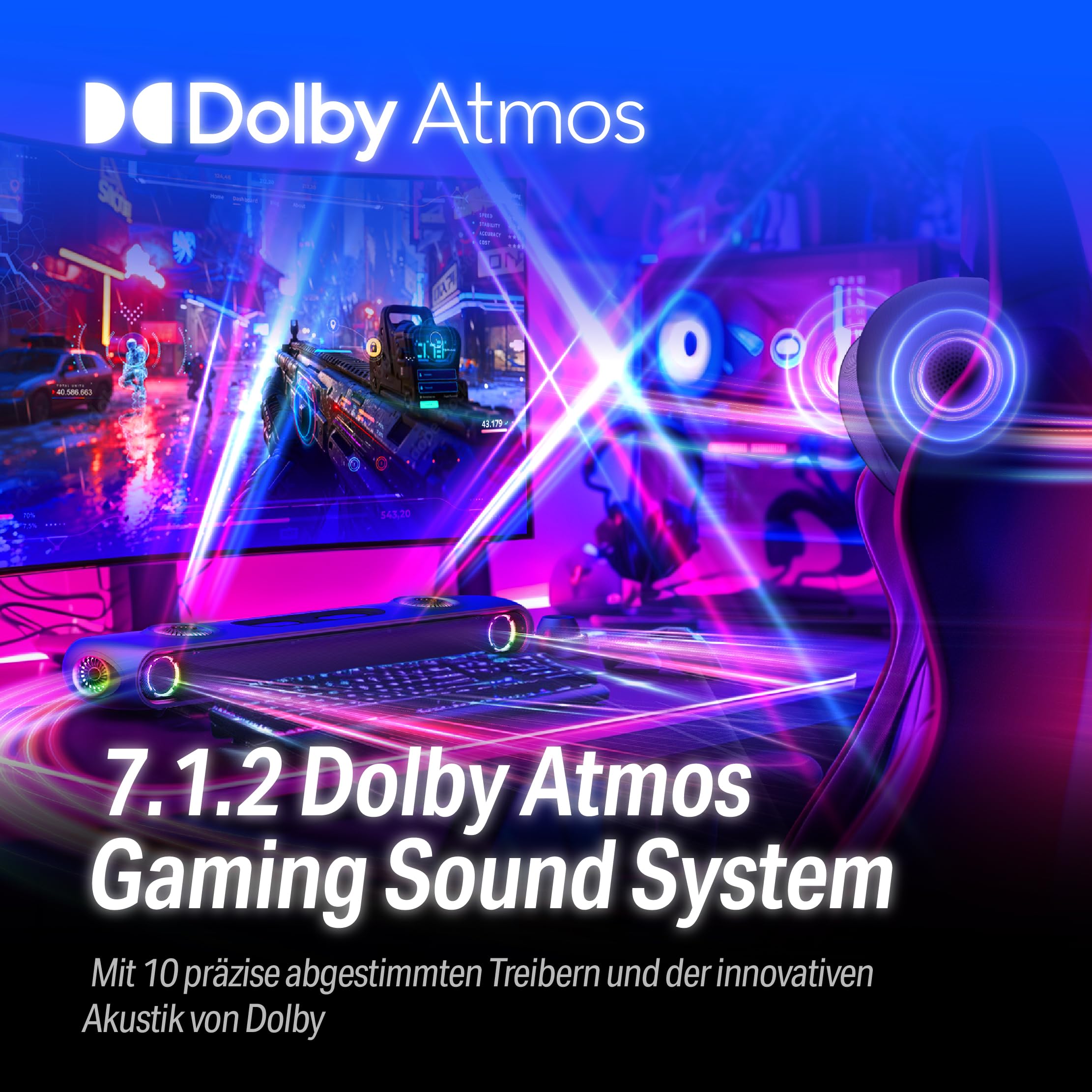 OXS Thunder Pro+ Gaming Soundbar mit Kabellosem Satelliten-Nackenlautsprecher, 7.1.2 Dolby Atmos Surround Sound System, Integriertem Woofer, App-Anpassung, RGB-Effekten, 3 Pro Gamer-Modi