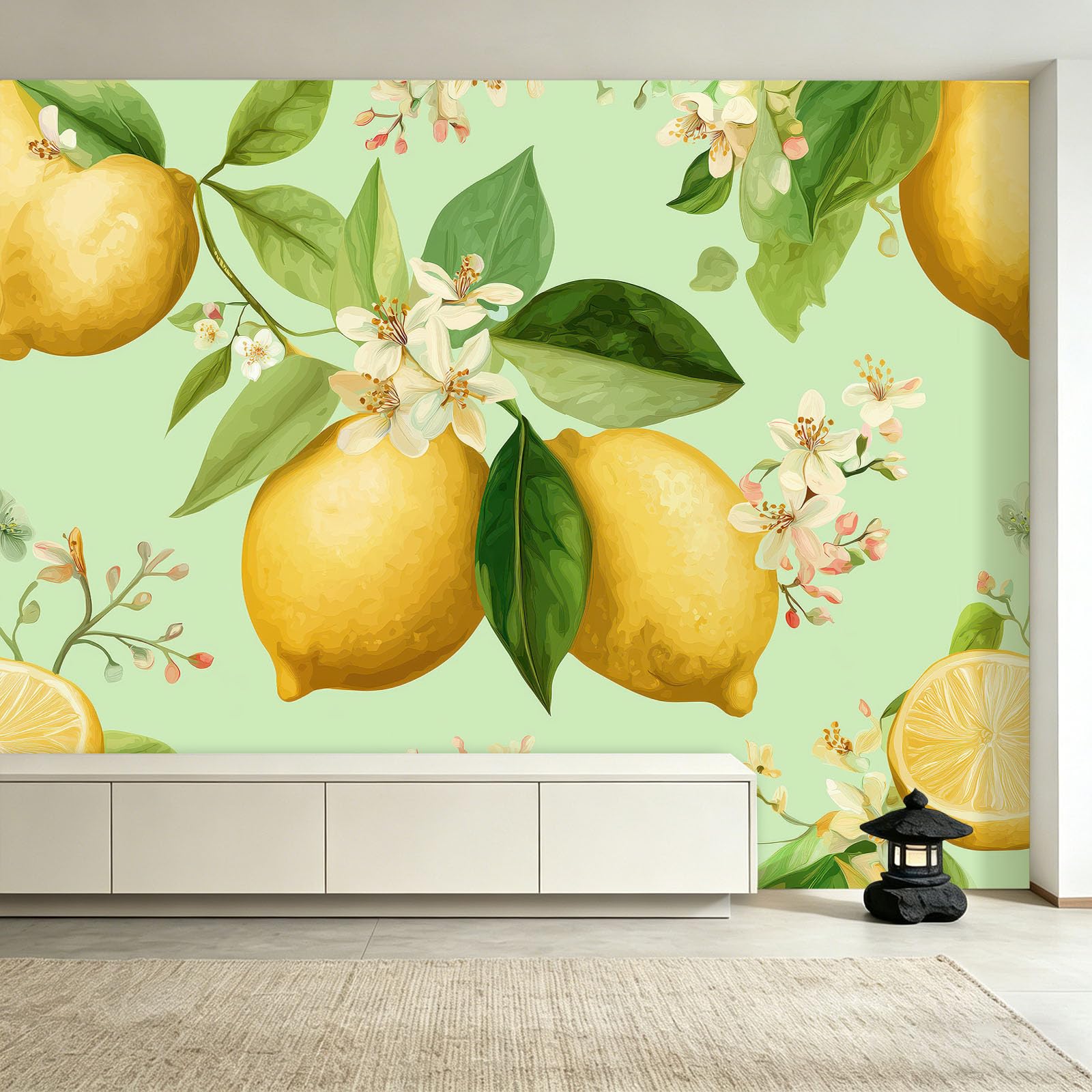 Générique Carta da parati Panoramica in tessuto non tessuto Retro Frutti floreali | Foto da parete in tessuto non tessuto 350 x 256 cm | Poster decorativo per soggiorno e camera da letto - Limone
