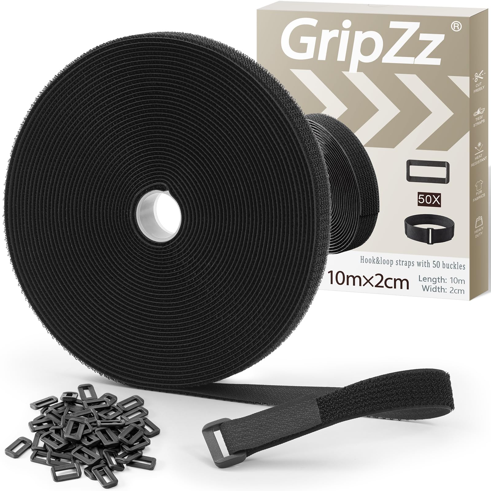 10 stuks herbruikbare kabelbinders met klittenband, 50 cm x 2 cm, kabelklittenband, zwart nylon, kabelbinders, klittenbandsluiting, met metalen oogje, klittenbandsluiting voor kabelmanagement en meer