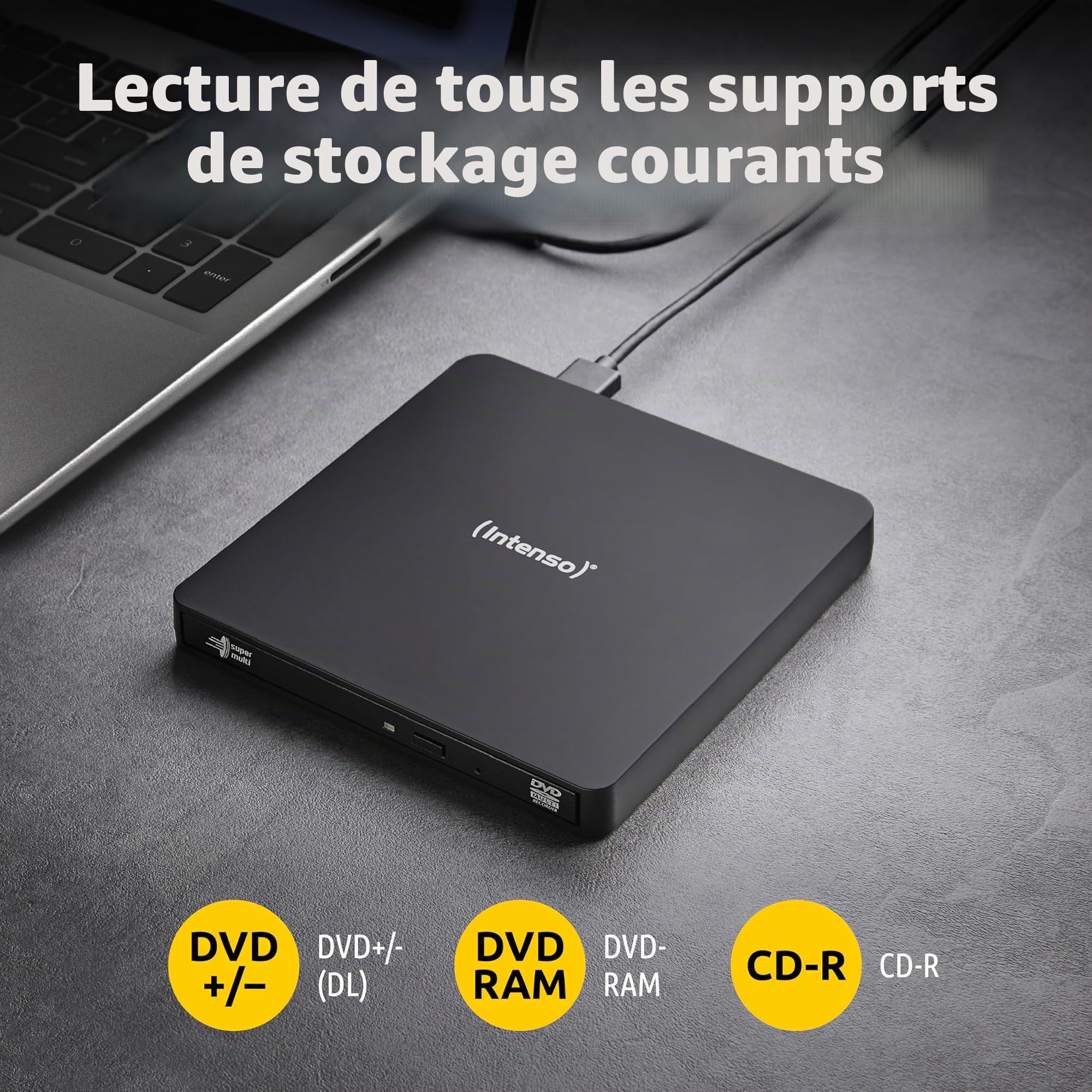 Intenso Lecteur CD/DVD Externe Graveur Externe EOD 400D Slim USB 3.2 pour Ordinateur Portable Desktop PC iMac MacBook Windows MacOS + Logiciel de Gravure Gratuit Ashampoo Burning Studio Noir