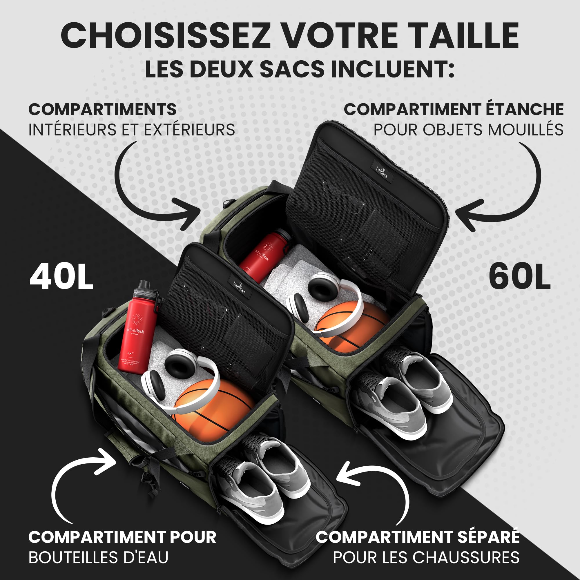 bemaxx Sac de Sport Homme Femme Sac de Voyage avec Compartiment à Chaussures, Compartiment Humide | 40/60L avec Fonction Sac à Dos, 30/50L Sac d'entraînement Sac de Fitness Gym Bagage à Main