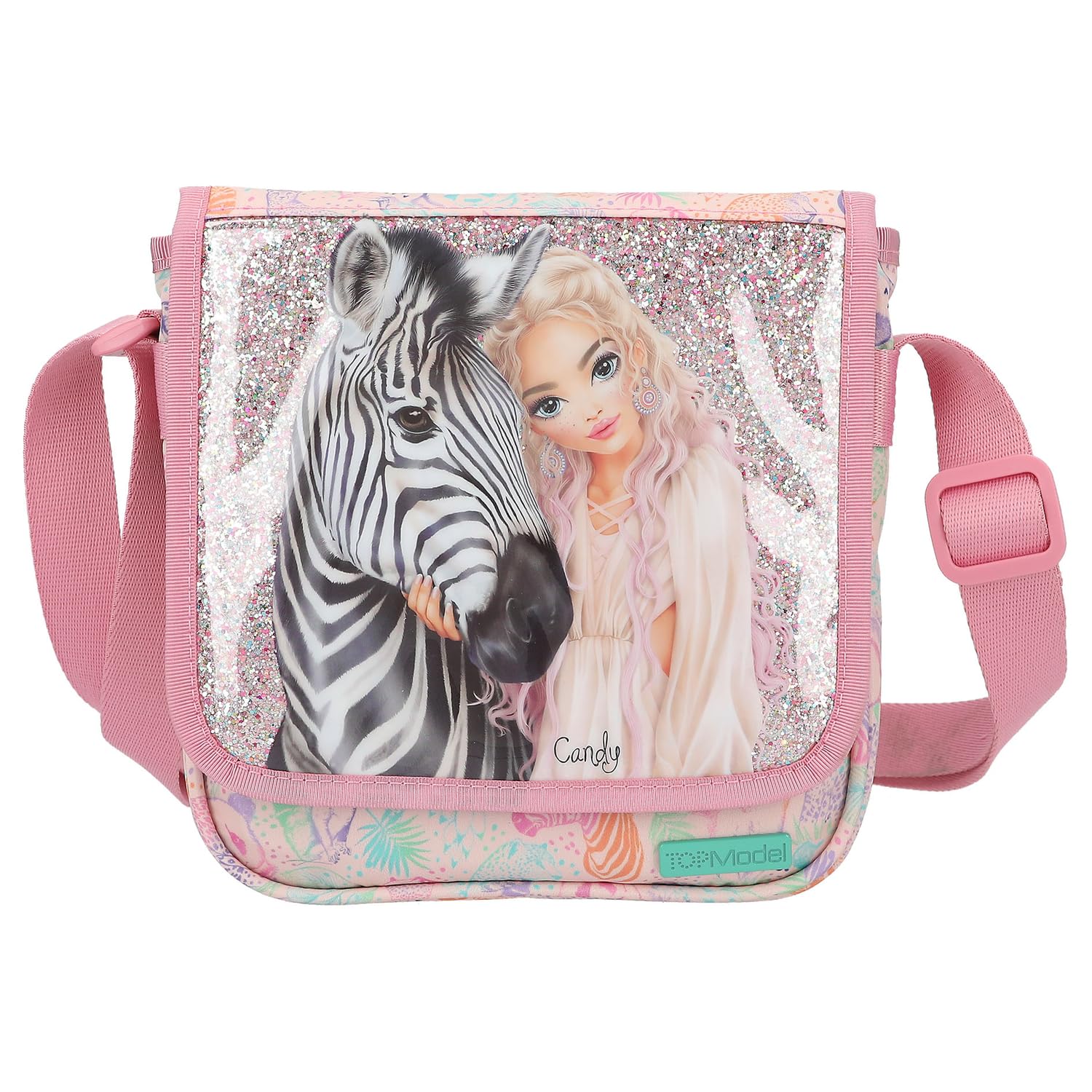 Depesche TOPModel Wild 12789 Small Shoulder Bag in Pink with Model Motif and Colourful Animal Pattern, Bag with Adjustable Shoulder Strap and Front Flap