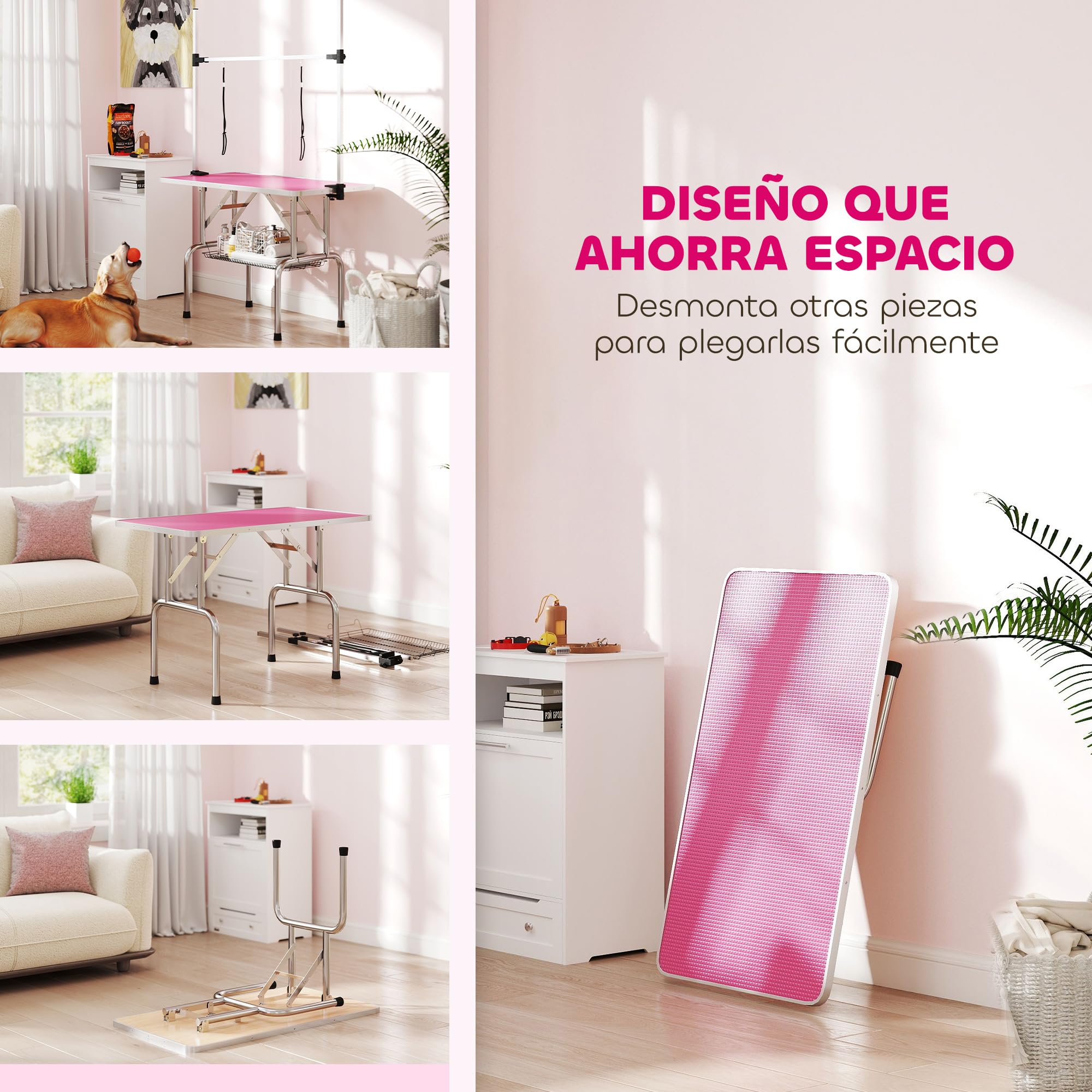 PawHut Table de toilettage pliable, table de toilettage avec panier en métal, plan de travail antidérapant, barre réglable en acier inoxydable, pour chiens, chats, 107x60x164 cm, rose
