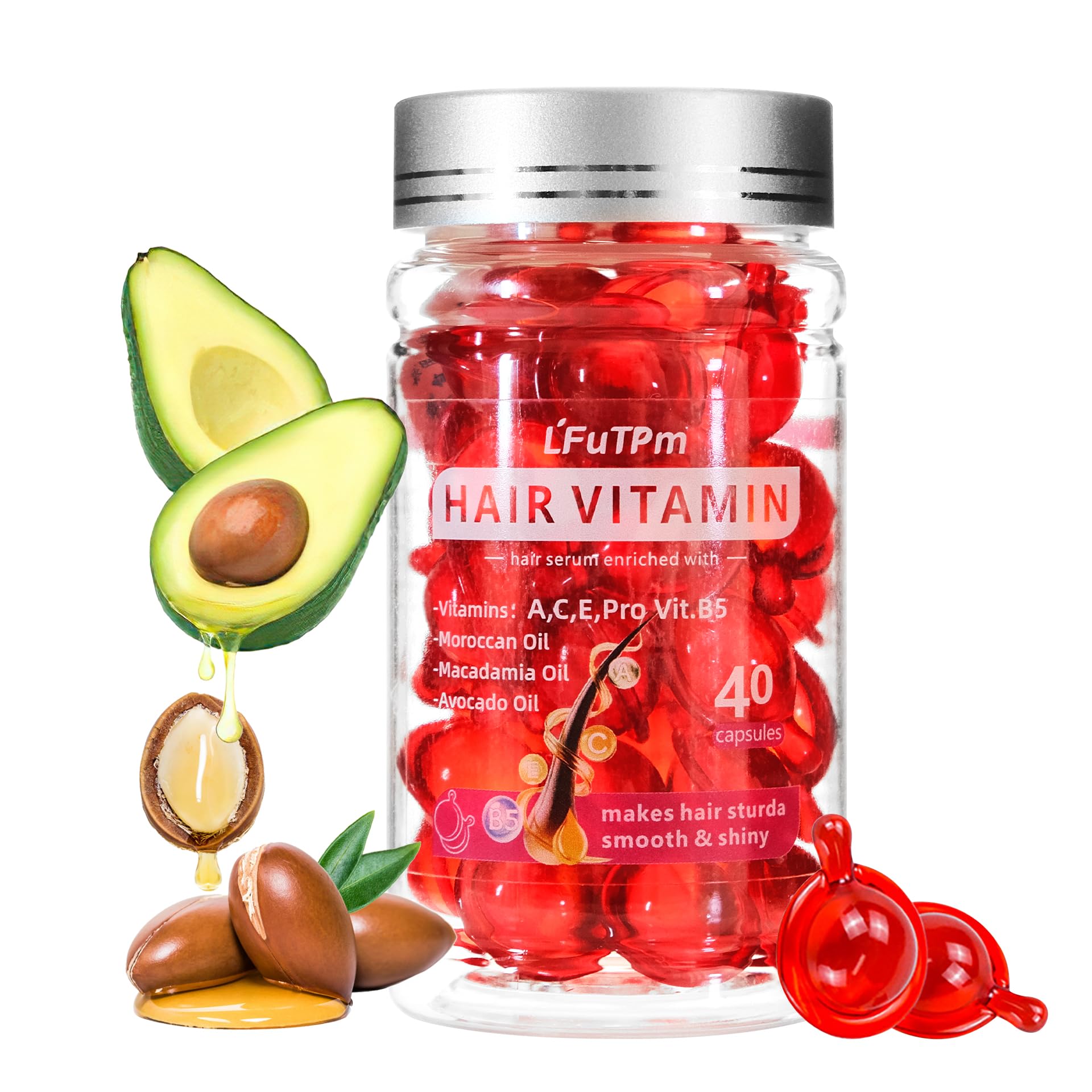 Hair Treatment Serum with Argan, Macadamia & Avocado Oils - 40 Capsules for Damaged Hair Repair & Frizz Control