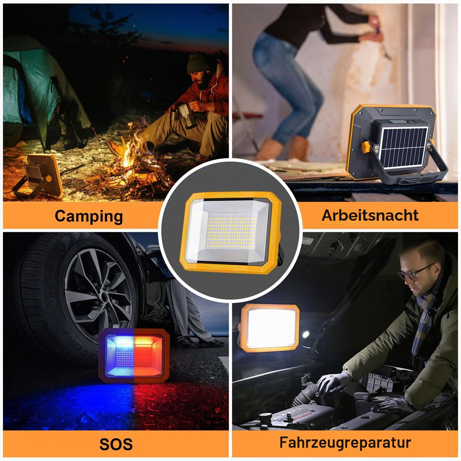 Solar LED Akku Strahler, 10000LM, 7800mAh, 4 Lichtmodi, IP54 | 60W, USB-Ausgangsfunktion, Batterie-Digitalanzeige, Stufenloses Dimmen für Camping, Baustelle, Garage, Angeln, Notfall