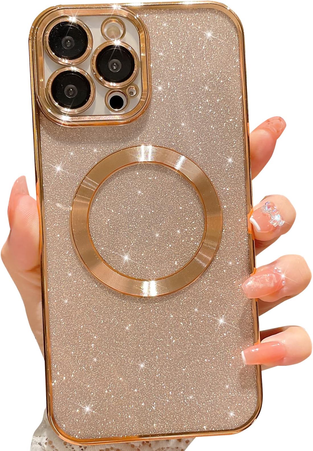 Compatible with iPhone 13 Pro Max Magnetic Glitter Case, Luxury Plating Cute Bling Clear Phone Case, Compatible with MagSafe for Women Girls with Camera Protection Back Cover - Gold