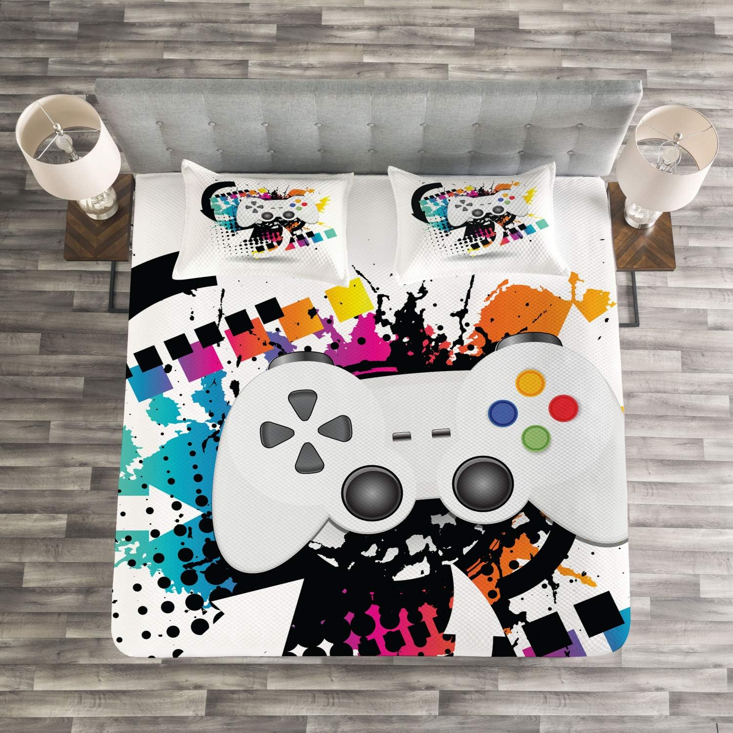 Up To 50% OFF Lunarable Gamer Bedspread, Modern Console Game Controller with Halftone Motif and Color Splashes Background, Decorative Quilted 3 Piece Coverlet Set with 2 Pillow Shams, Queen Size, Black Grey
