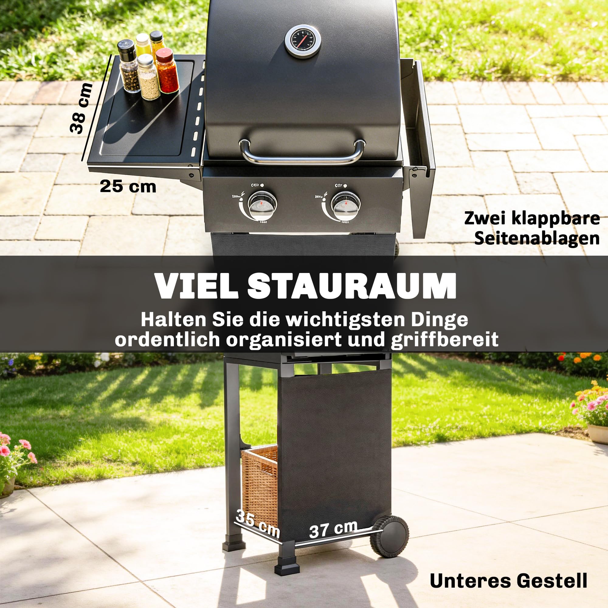 Outsunny Gasgrill 5,4 KW 2 Brenner Stahl BBQ Grillwagen inkl klappbar Seitentisch Thermometer verchromter Grillrost Warmhalterost Rolle Unterschrank, Gas-Grill für Balkon Party BBQ Schwarz