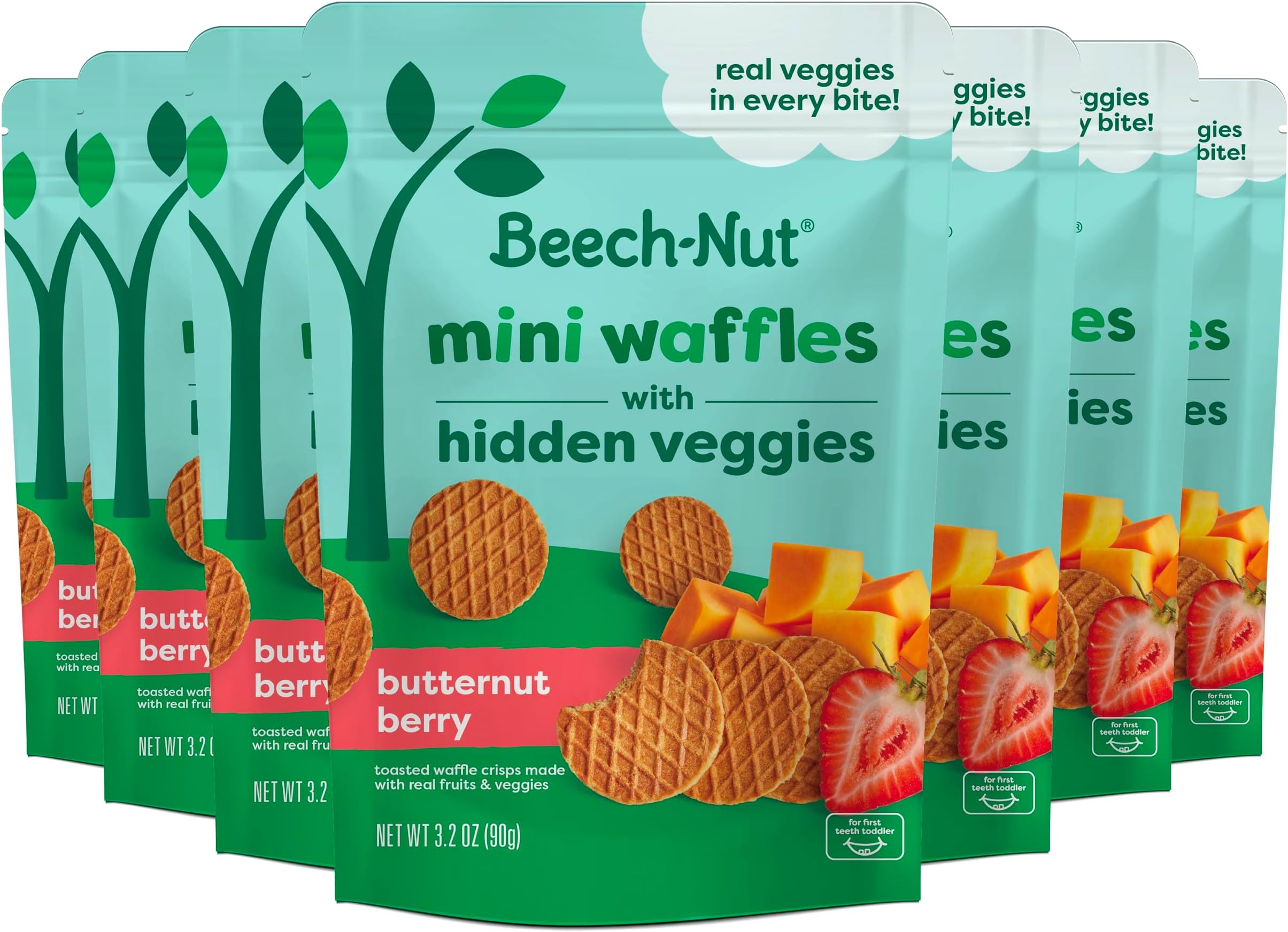Beech-Nut Toddler Snacks, Mini Waffles with Hidden Veggies, Butternut Berry, Non-GMO, 3.2 oz Bag (7 Pack)