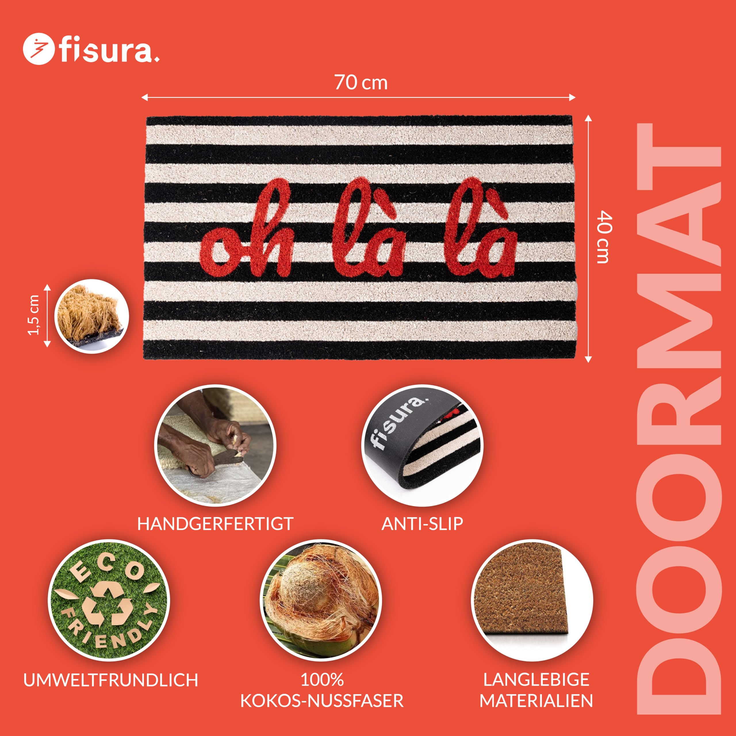 FISURA – Fußmatte Oh là là“ aus Kokosfaser mit Rutschfester PVC-Unterseite. Handbemalte schwarz-weiße Streifenmatte mit französischem Flair. Maße: 70 cm x 40 cm.
