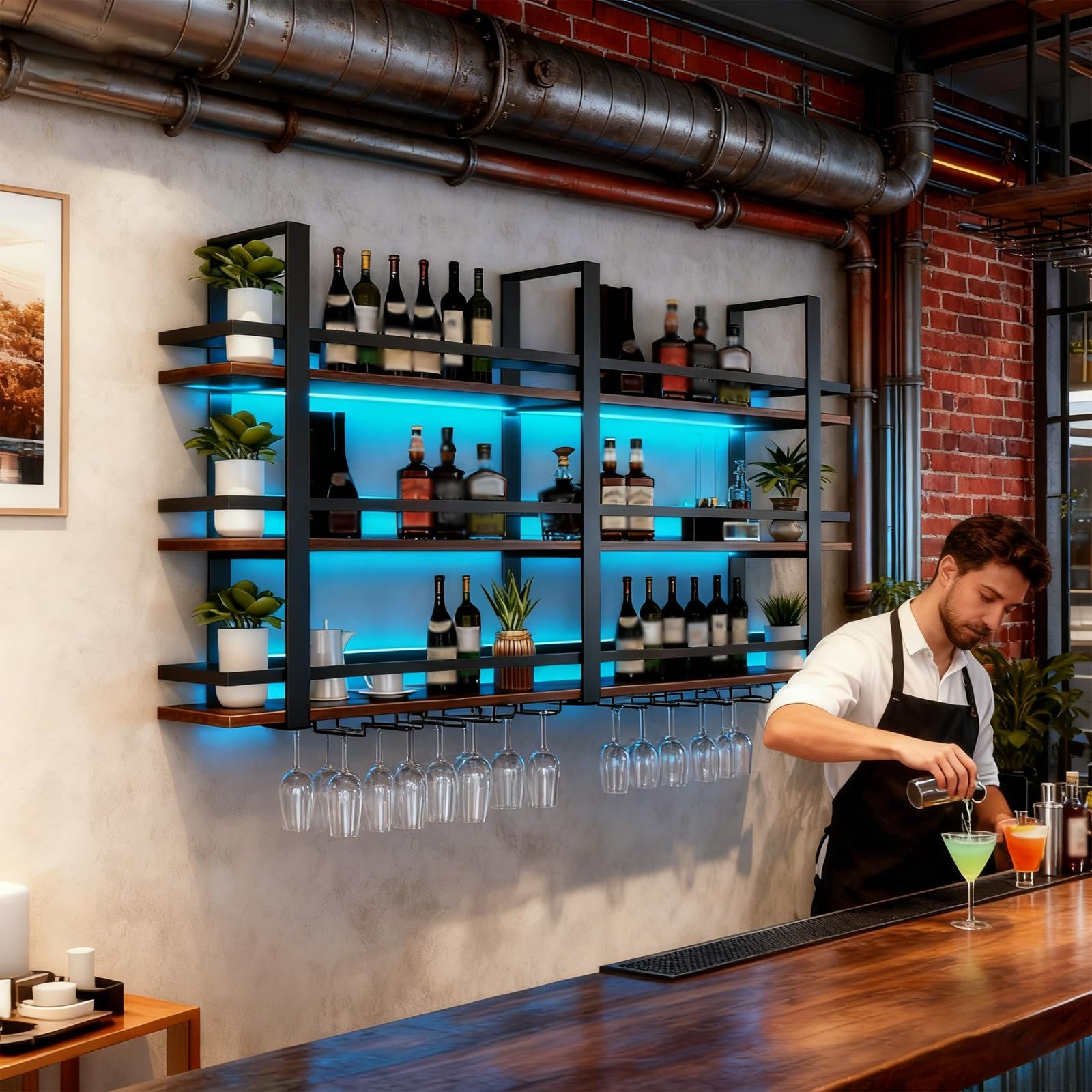 Portabottiglie da Parete con Luce a LED, Mensola Espositivi in Metallo per Bottiglie di Liquori, Espositore di Vino di Grandi Dimensioni, con Portabicchieri per Casa, Cucina, Bar, Sala (nero, 160cm)