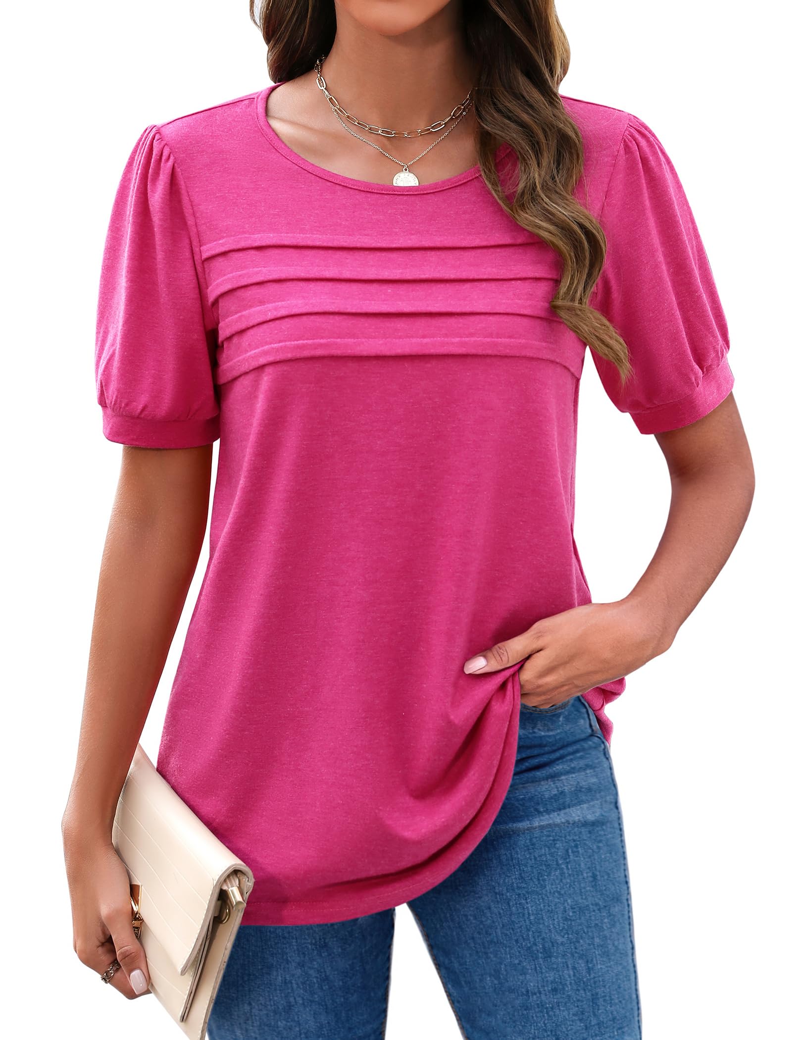 Zeagoo Summer Tops for Women 2025 Pleated Cute Dressy Blouses Short Puff Sleeve Fancy Shirts Flattering Tee Shirts