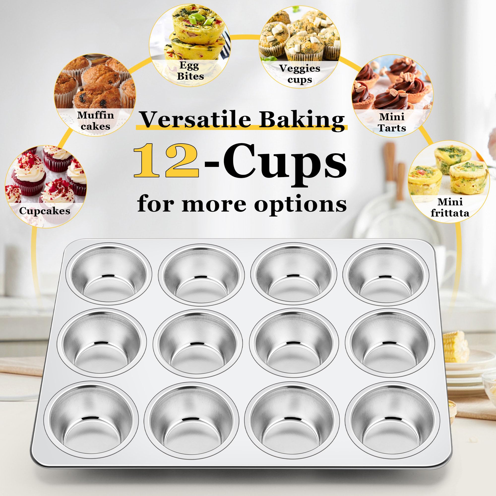 Homikit Lot de 2 moules à muffins en acier inoxydable avec 12 tasses de taille standard, plateau anti-adhésif en métal pour la cuisson, non toxique et antirouille, passe au four et au lave-vaisselle