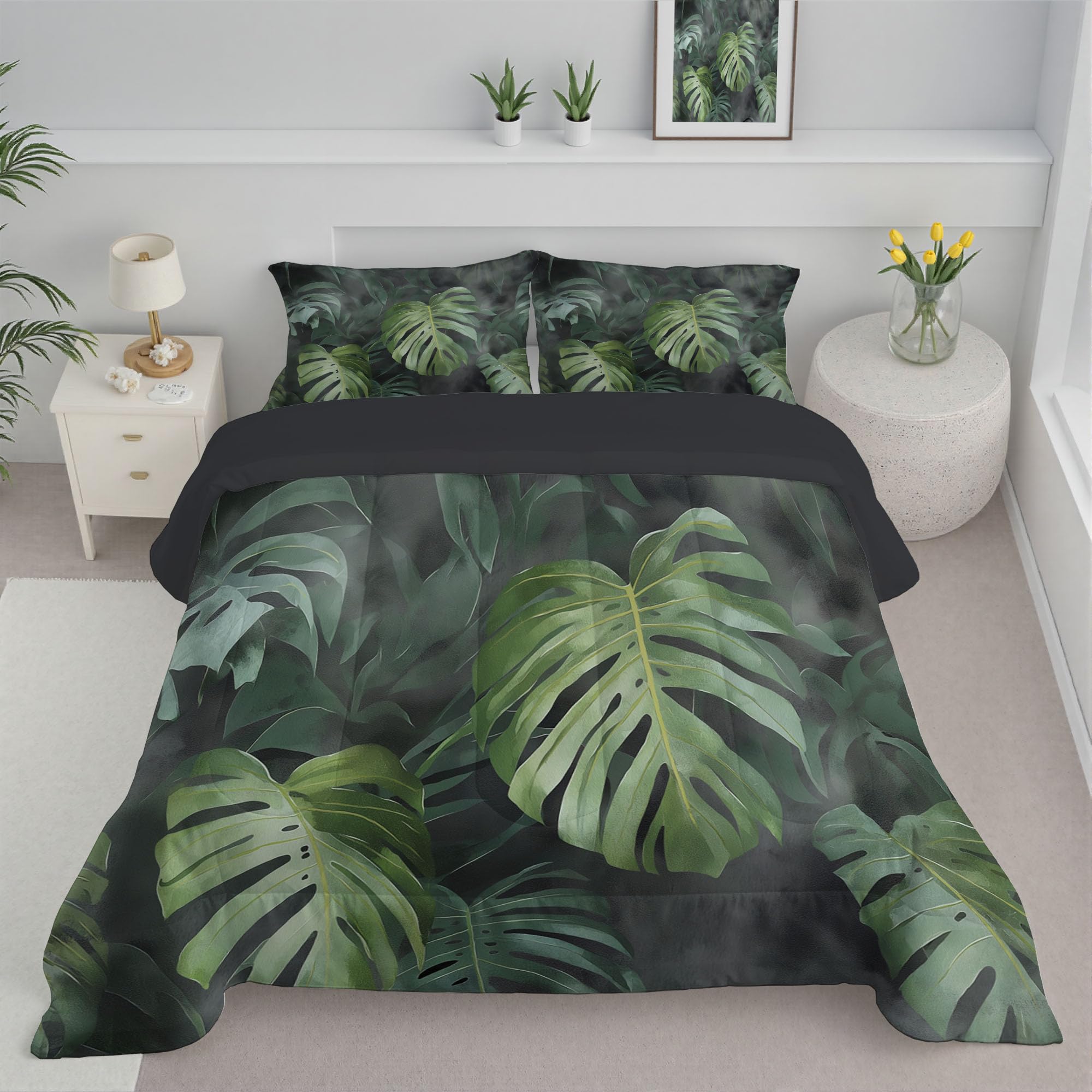 Edredón de plumón monstera reversible 200x200cm, ropa de cama ligera gris carbón plantas vintage