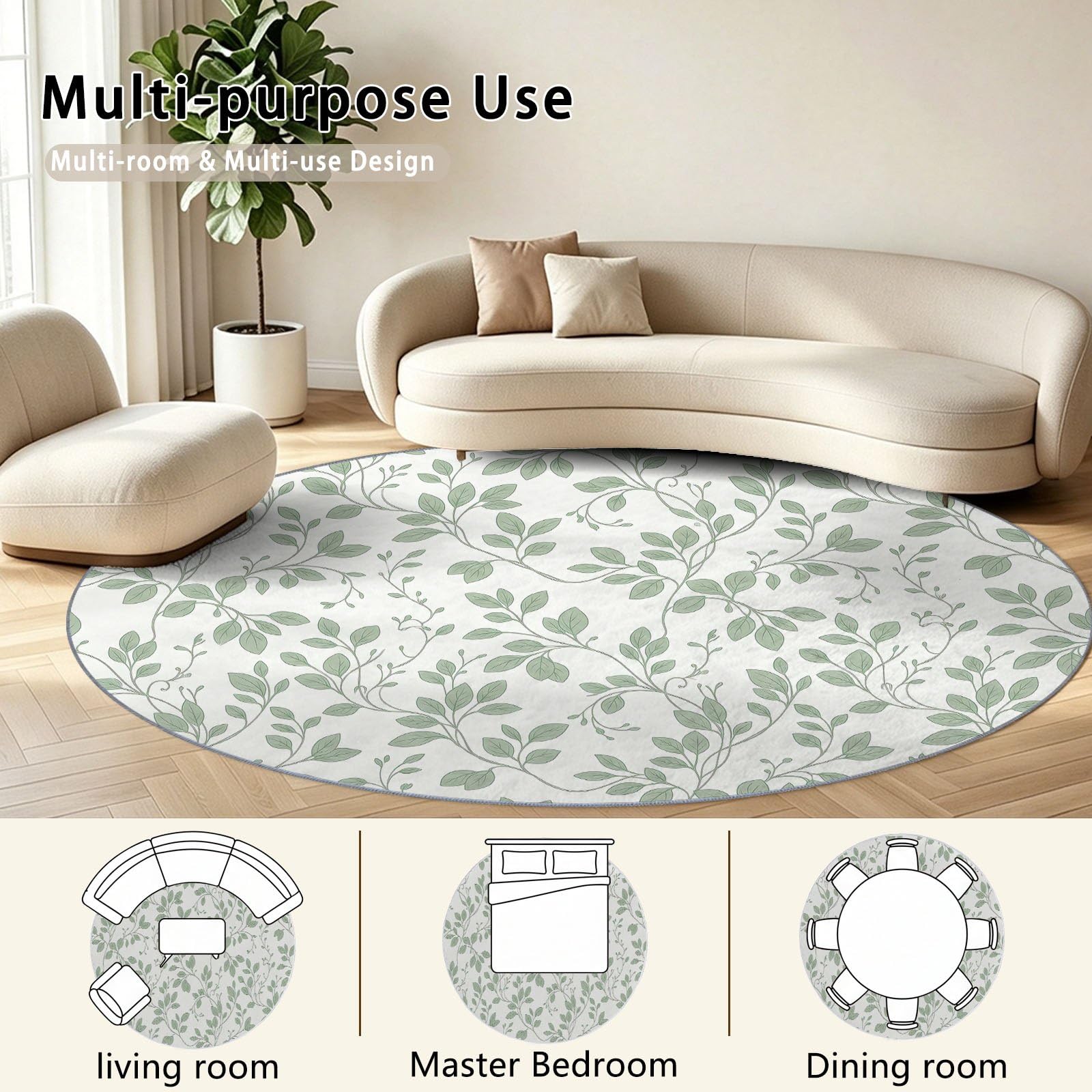 Campagne Minimaliste Tapis Salon 160 cm Feuilles Feuillage Vigne Botanique Vert Blanc Rond Lavable en Machine | Chambre Rugs, Descente de Lit Carpets, AntidéRapant, Chambre Carpet, Doux Poil Ras