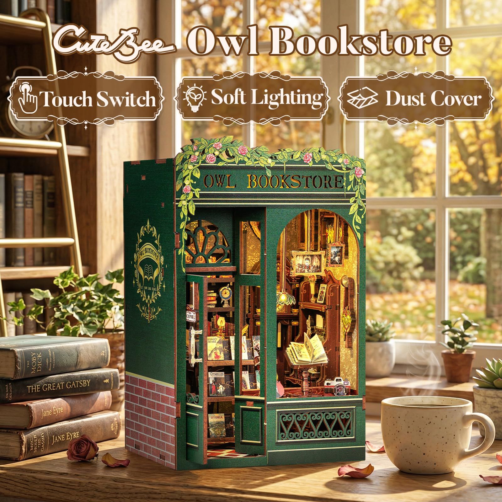 CUTEBEE Book Nook Kit - Casa Bambole in Miniatura da Costruire, Own Bookstore Booknook Puzzle in Legno 3D, Set Creativo per la Decorazione della Libreria, Regali per Familiari e Amici