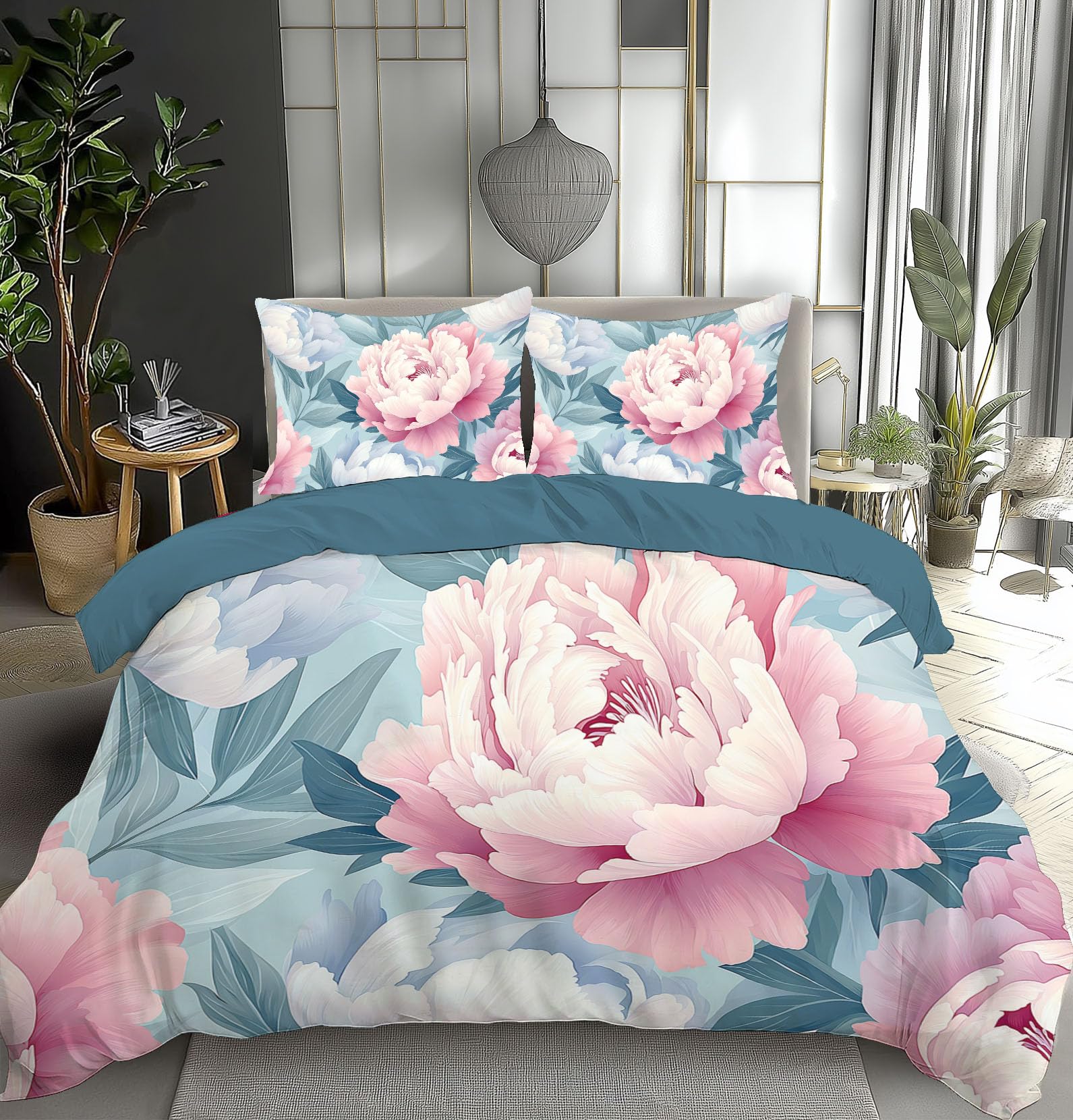 Housse de couette 240x260 motif floral pivoine, ensemble de literie aquarelle bleu clair