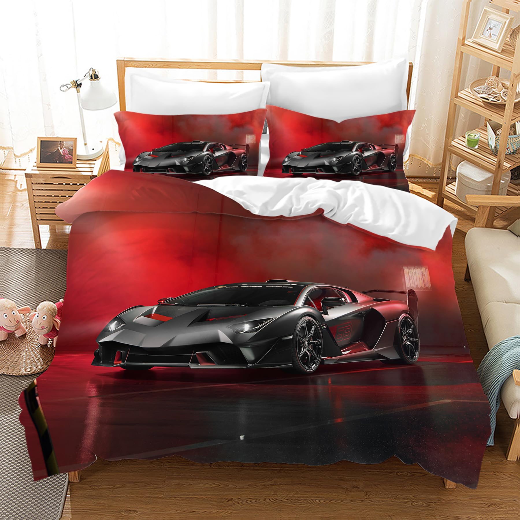 Biancheria Letto Ragazzi Copripiumino Auto Da Corsa 200x200cm - Set Microfibra Per Ragazzi, 1 Copripiumino + 2 Federe 50x75cm Completo Lenzuola Matrimoniali