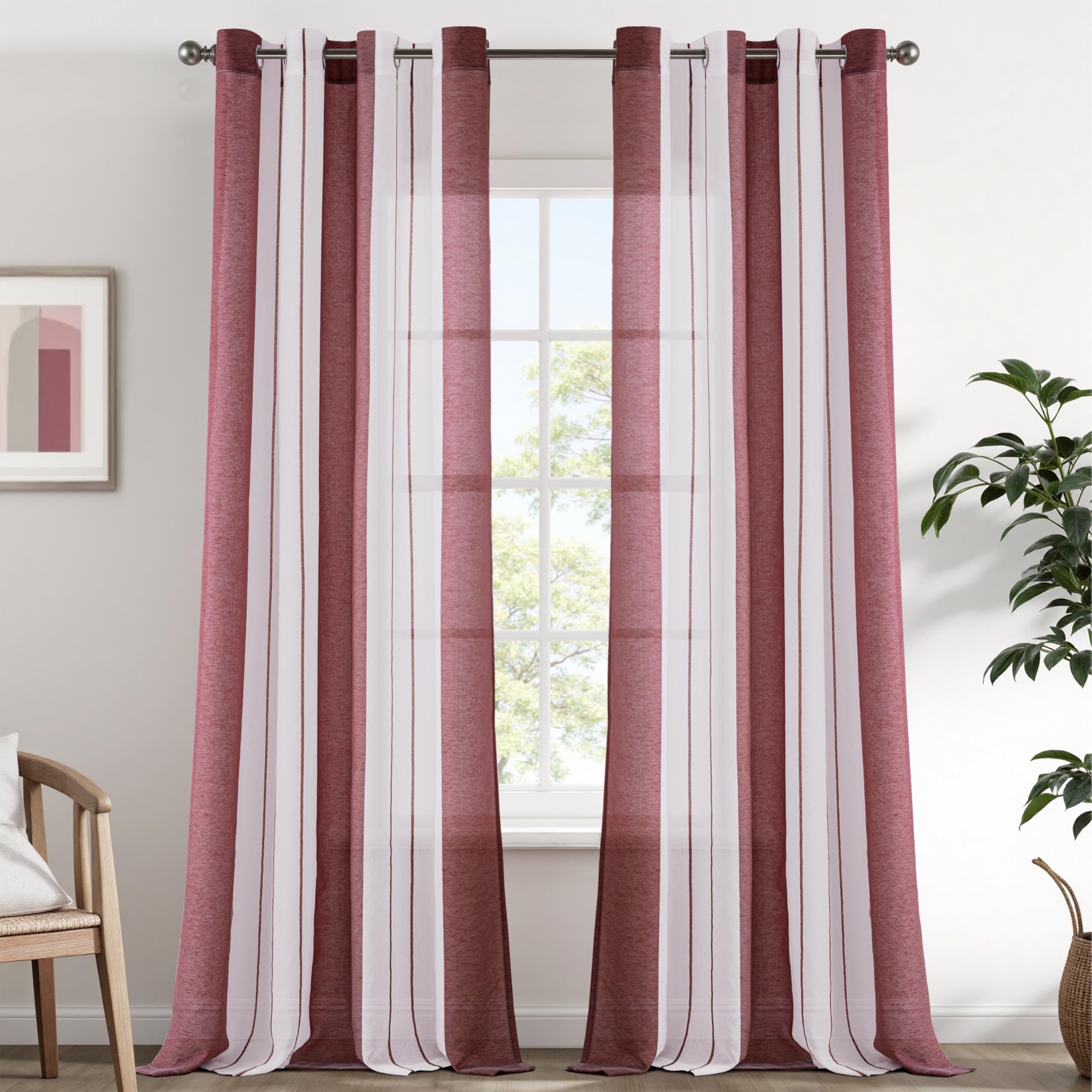 EMEMA Gardinen Gestreift Transparent mit Ösen Voile Vorhänge Wohnzimmer Modern 2er Set Vorhang Schlafzimmer Transparent mit Muster Vorhang Halbtransparent Streifen
