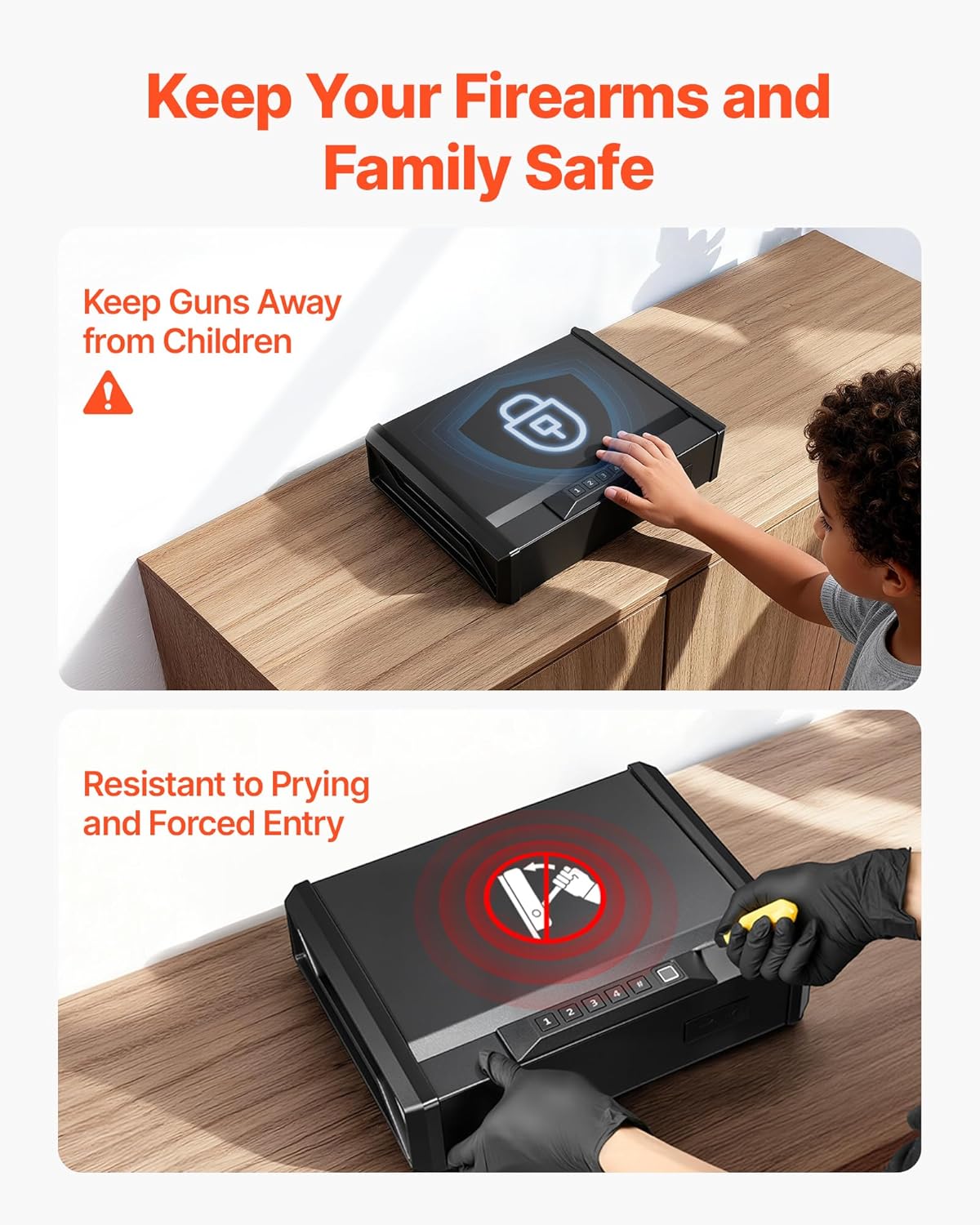 VEVOR Gun Safe, Heavy Duty Handgun Safe with Fingerprint/Password/Key, 3-Way Quick Access Firearm Case Box with Lighting for 2 Pistols & 2 Magazines, Pistol Gun Box for Nightstand Bedside Desk Car