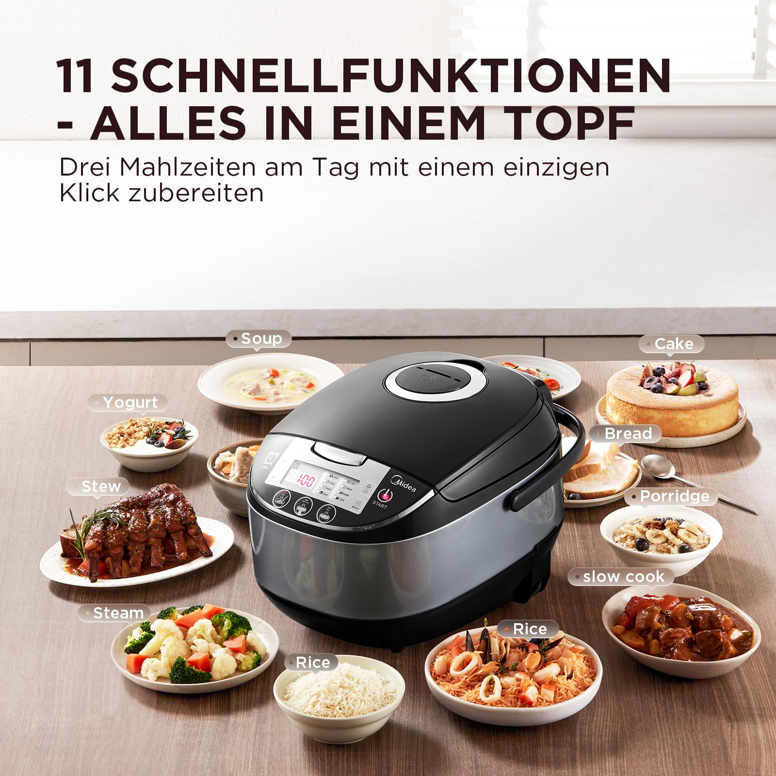 Midea Reiskocher, Multikocher mit 11 Programme, Rice Cooker 5 L für 2-10 Personen, Slow Cooker & Dampfgarer mit 24h Warmhaltefunktion, Timer, inkl. Dämpfeinsatz, Löffel & Messbecher, Schwarz & Silver