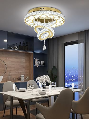 Miniatura 7 de Flashing God W24 - Candelabros modernos de cristal dorado para sala de estar, lámpara de techo redonda de cristal de 3 anillos, luz LED regulable