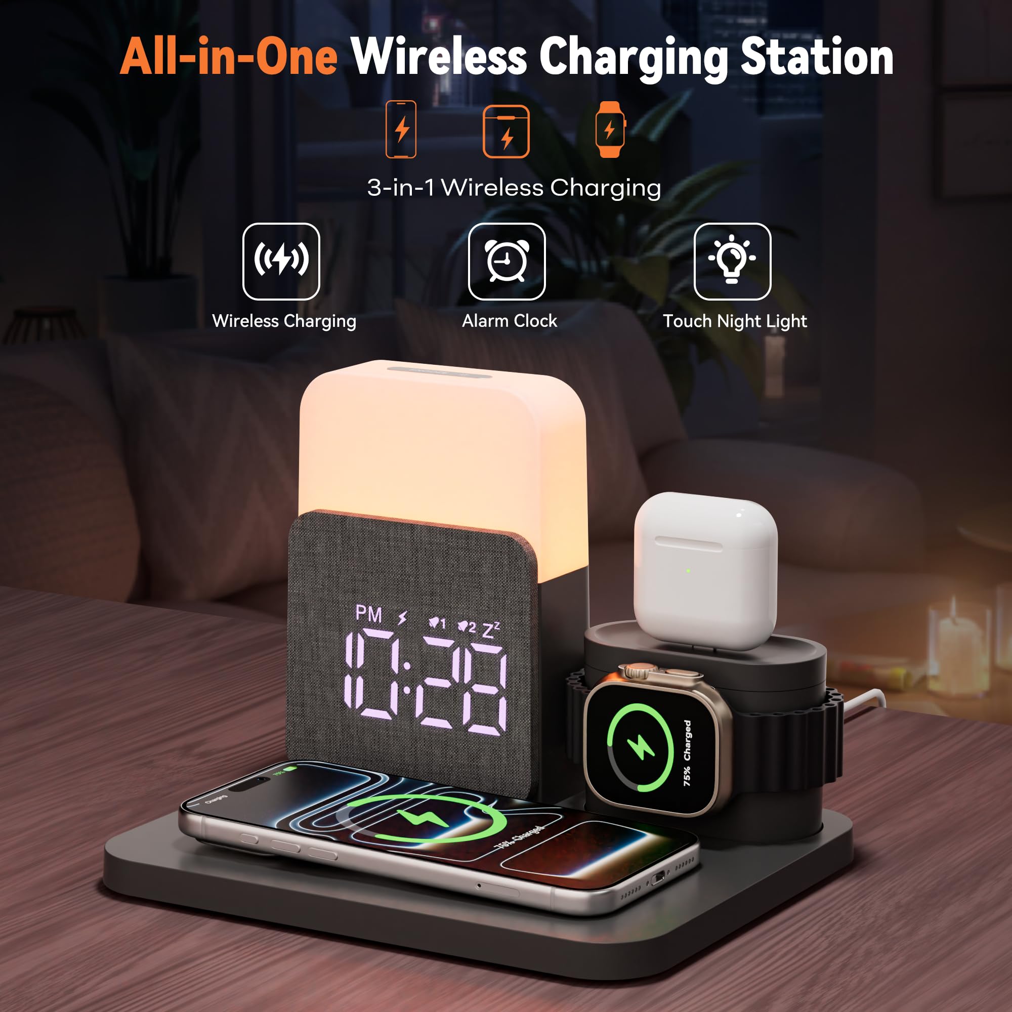 5 in 1 Induktive Ladestation für A-pple Watch und Phone 17-11 und air-pods | 15W Wireless Charger Wecker mit Ladestation Nachttischlampe mit Ladefunktion mit Adapter zu Schlafzimmer