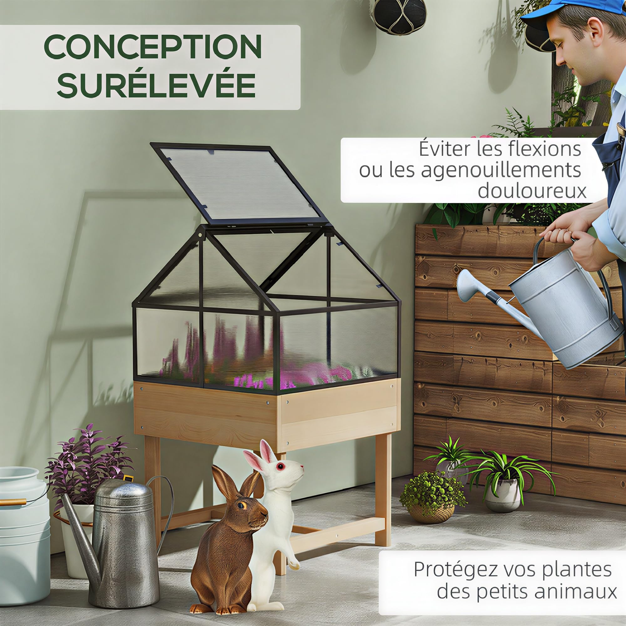 Outsunny Mini Serre sur Pieds - jardinière surélevée - dim. 60L x 57l x 103H cm - Double Toit ouvrable Panneaux de Polycarbonate, Acier, Bois Sapin traité