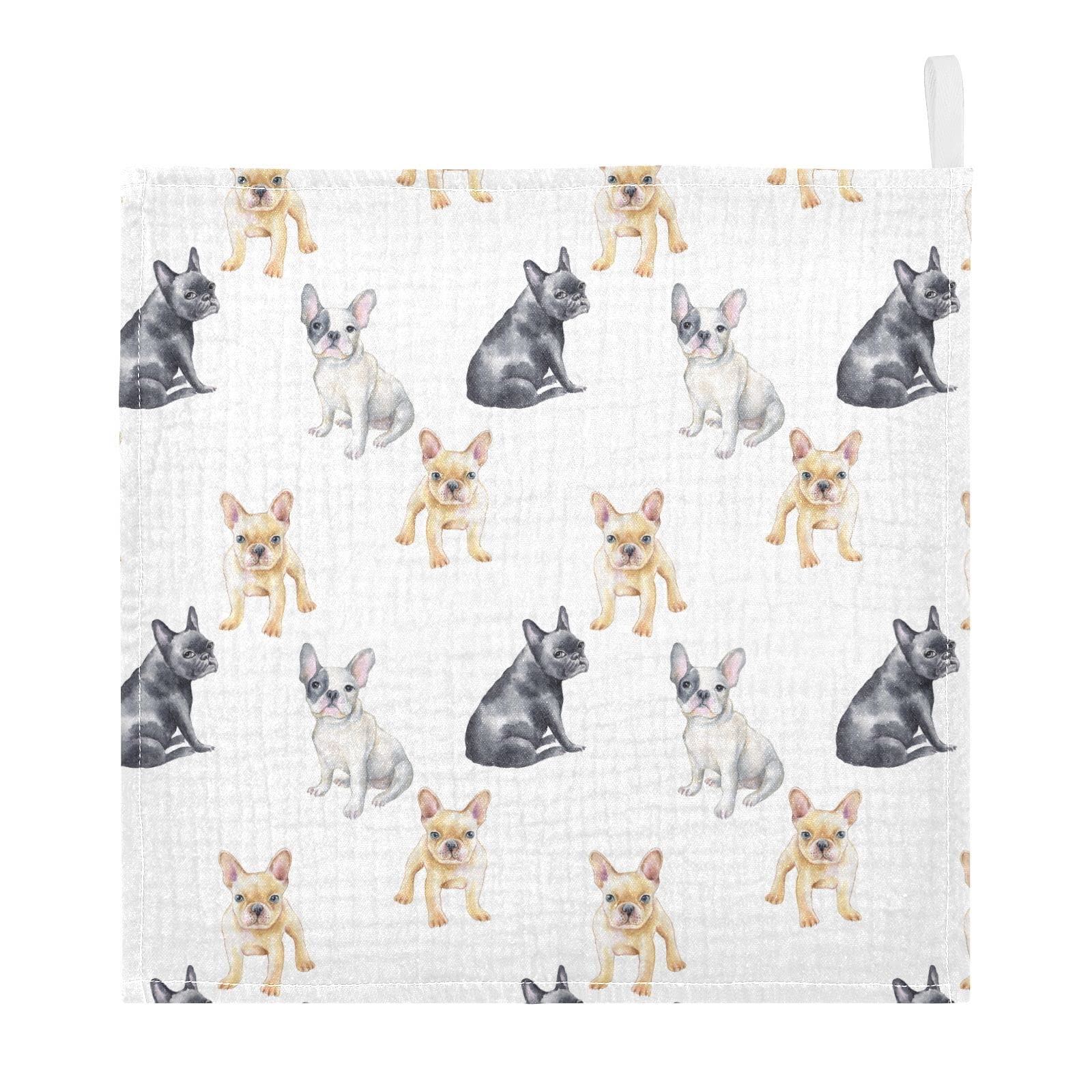 Baby Washcloths Cotton Pets French Bulldog Baby Muslin Washcloths Soft Baby Face Towel for Newborn Infants Baby Wipes, 11.8 X 11.8 Inch, 3 Pack