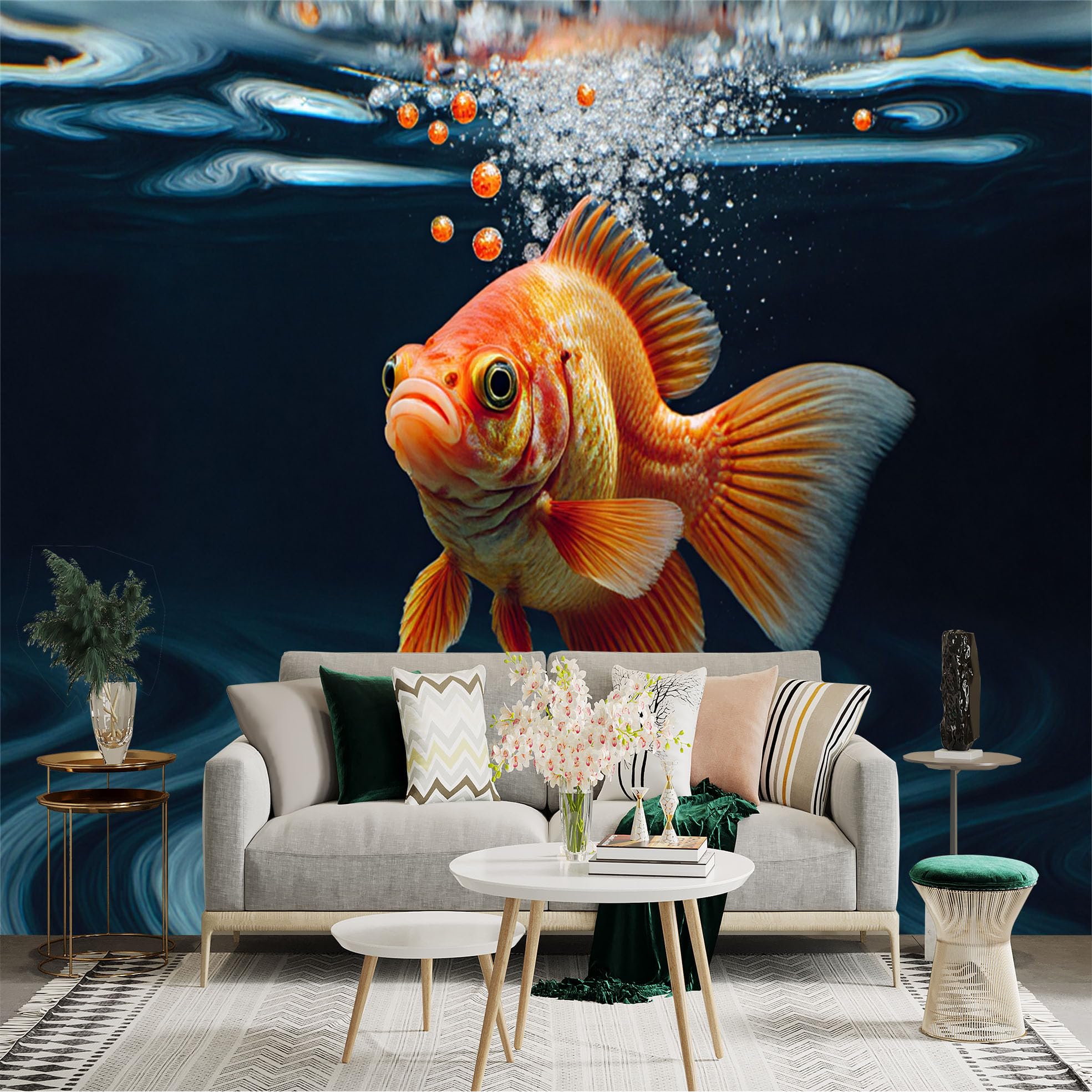 Custom Size Wall Sticker Mural， Vibrant Goldfish Underwater with Bubbles and Dark Blue Waves， for wall Decoration， peelandstick wall Decals.