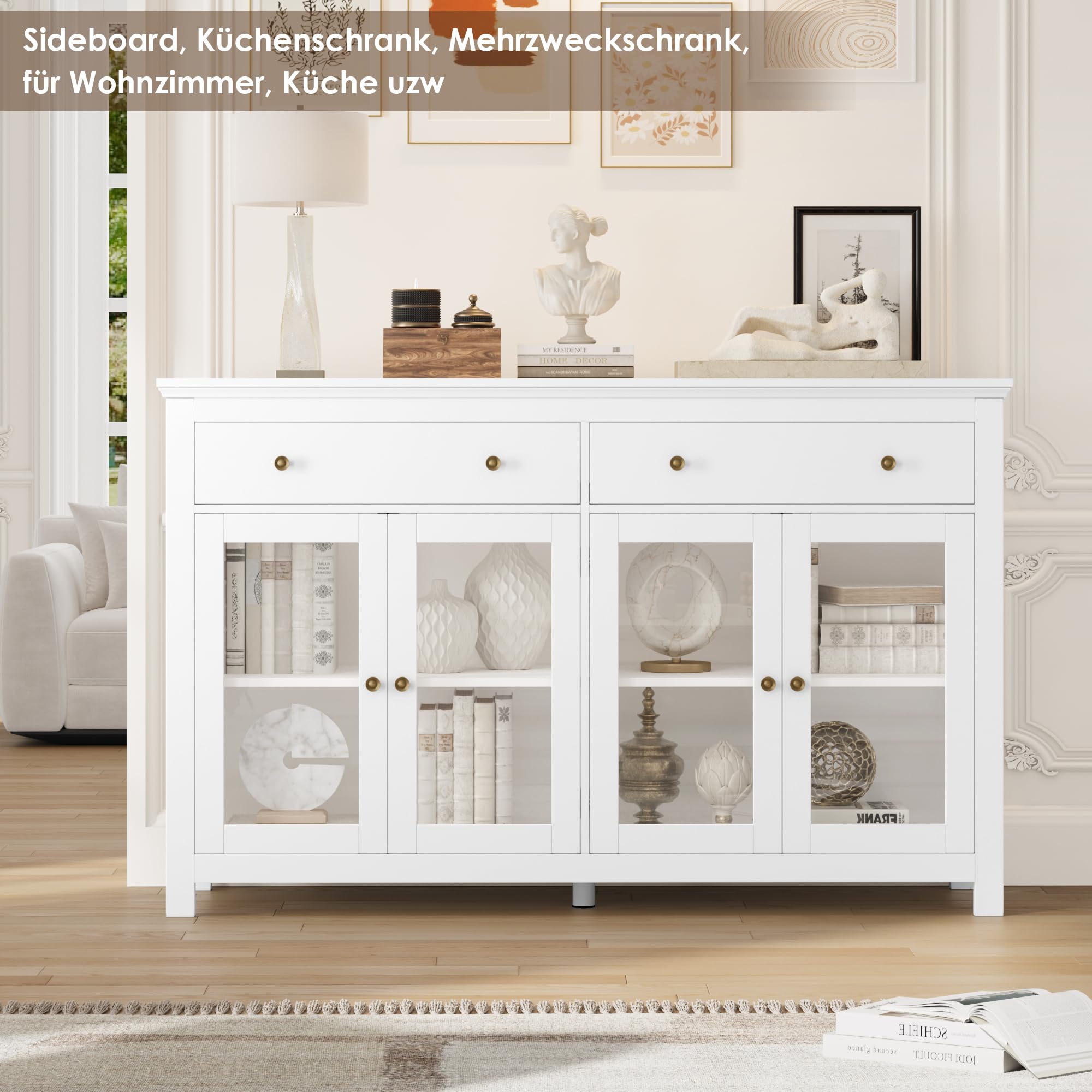 FirFurd Kredens o szerokości 140 cm, szafka kuchenna z blatem roboczym, kredensem do kuchni, salonu, szafka bufetowa z 2 szufladami i 4 szklanymi drzwiami, bufet kuchenny z regulowanym regałem, kolor
