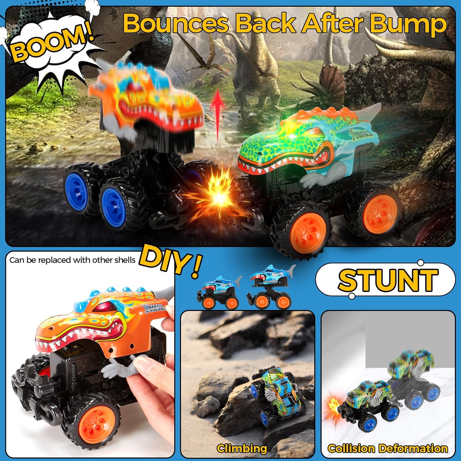 2 Pack Exploding Monster Truck Toy with Interchangeable Dinosaur & Shark Bodies, Friction-Powered Light-Up Cars with Sounds, Birthday Gift for Boys Ages 4-7, Easter Basket Stuffer, Kids Car Toys - Image 4