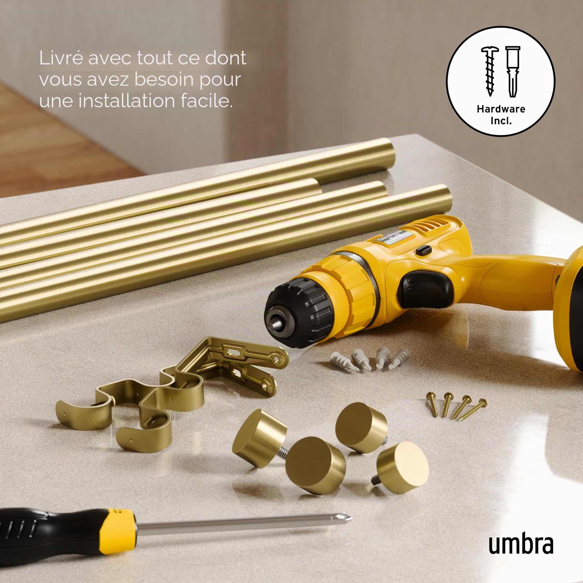 Umbra Cappa Double Tringle À Rideaux Extensible, 2,5cm, 91-168cm, 4 Embouts, Supports Muraux et Matériel De Fixation Inclus, Acier, Laiton