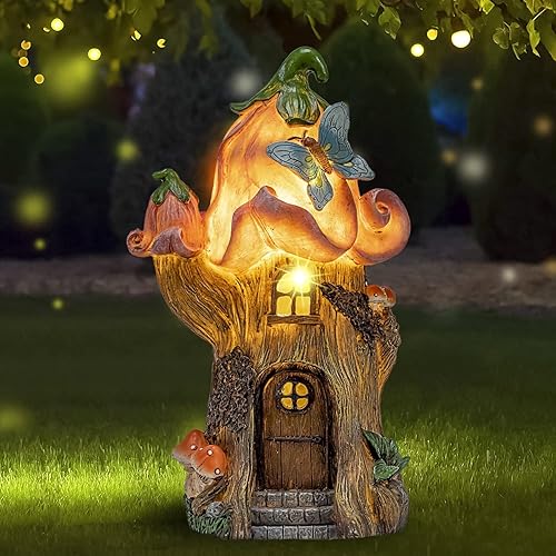 Miniatura 8 de AIINY Estatuas solares de decoración de jardín de 11 pulgadas, esculturas de casas de gnomos de resina grande, decoraciones LED verdes de primavera