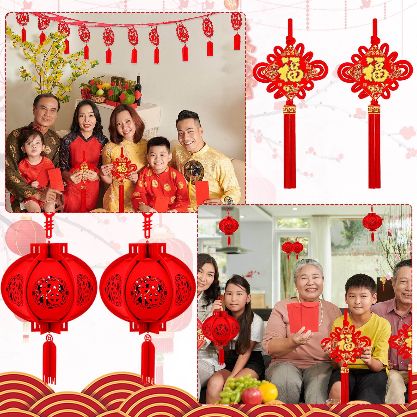 Sumind 11 Pcs Chinese New Year Decorations Lunar New Year Lanterns Chinese New Year Garland Chinese Knot Tassel Hanging Decor 3D Fu Lanterns Luck Ornament for 2024 New Year Eve Party Supplies