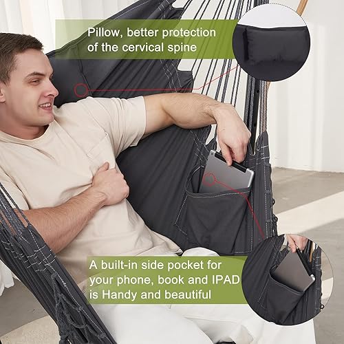 Miniatura 6 de Hamaca con soporte para teléfono incluida, silla colgante doble macramé, bohemio, hecha a mano, ajustable, para interiores y exteriores, patio,