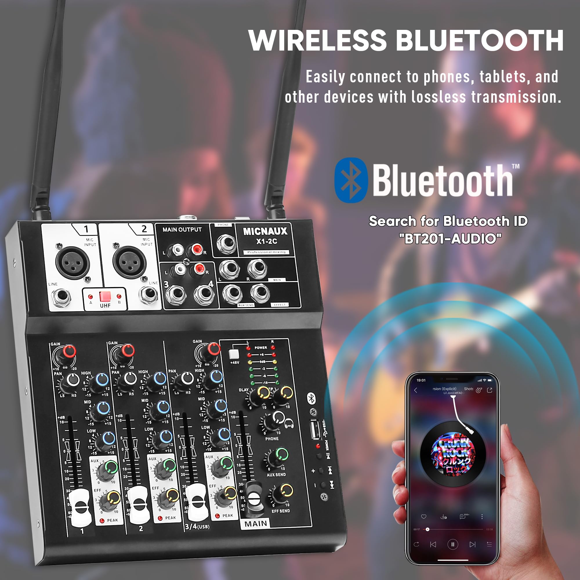 4-kanałowy mikser audio, mikser do karaoke z dwoma mikrofonami bezprzewodowymi, profesjonalna płyta dźwiękowa, konsola miksująca DJ, MP3, Bluetooth, 48 V, zasilanie fantomowe, interfejs USB