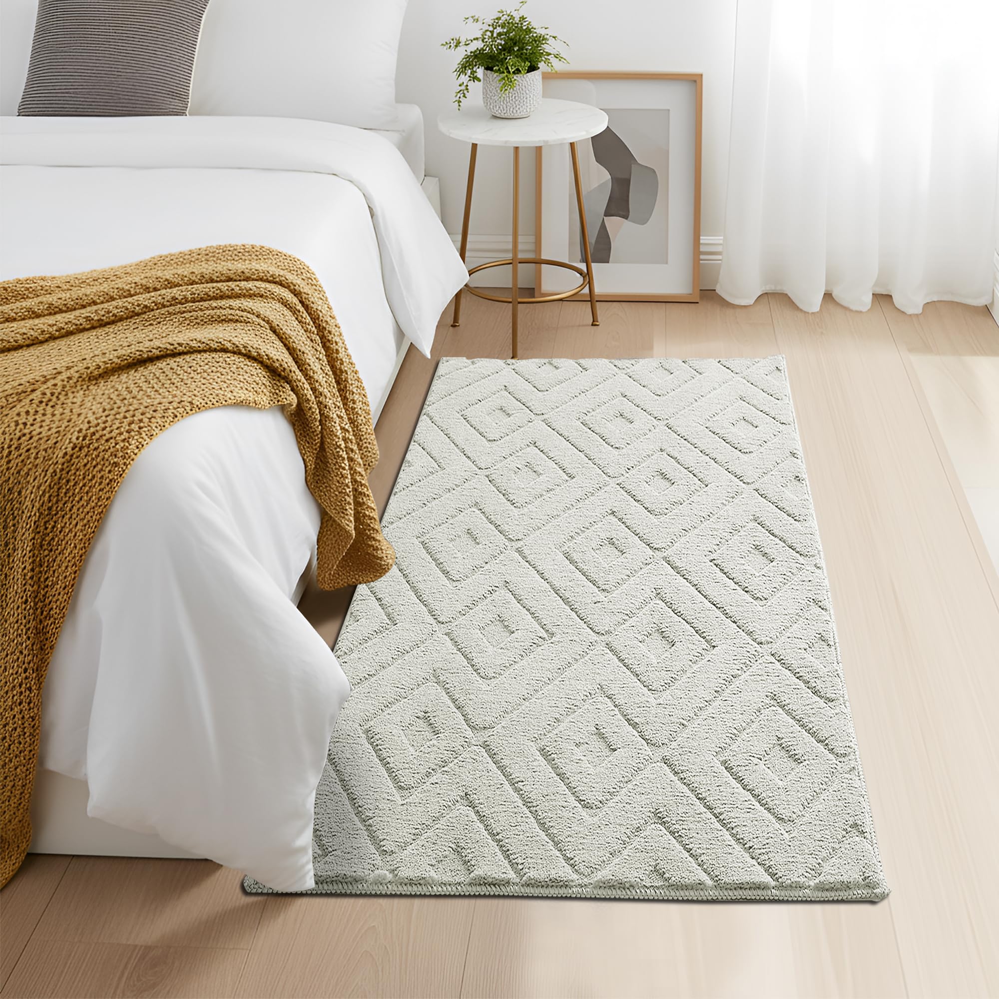 Aspire Homeware Rugs For Bedroom 80x150 cm – 100% Polyester Machine Washable Cream Rugs Living Room Anti Slip Hallway Carpet Runner, Modern Hollow Square High Low Pile Rug For Kids Room Non Shedding