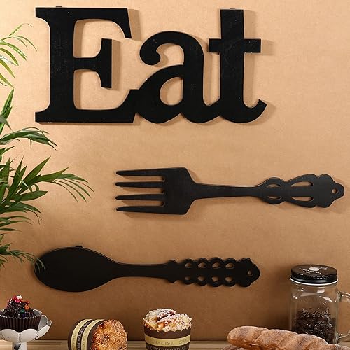 Miniatura 3 de Jetec Juego de letrero de "Eat", decoración de pared con tenedor y cuchara, decoración de madera rústica, lindas letras "Eat" para cocina y hogar,