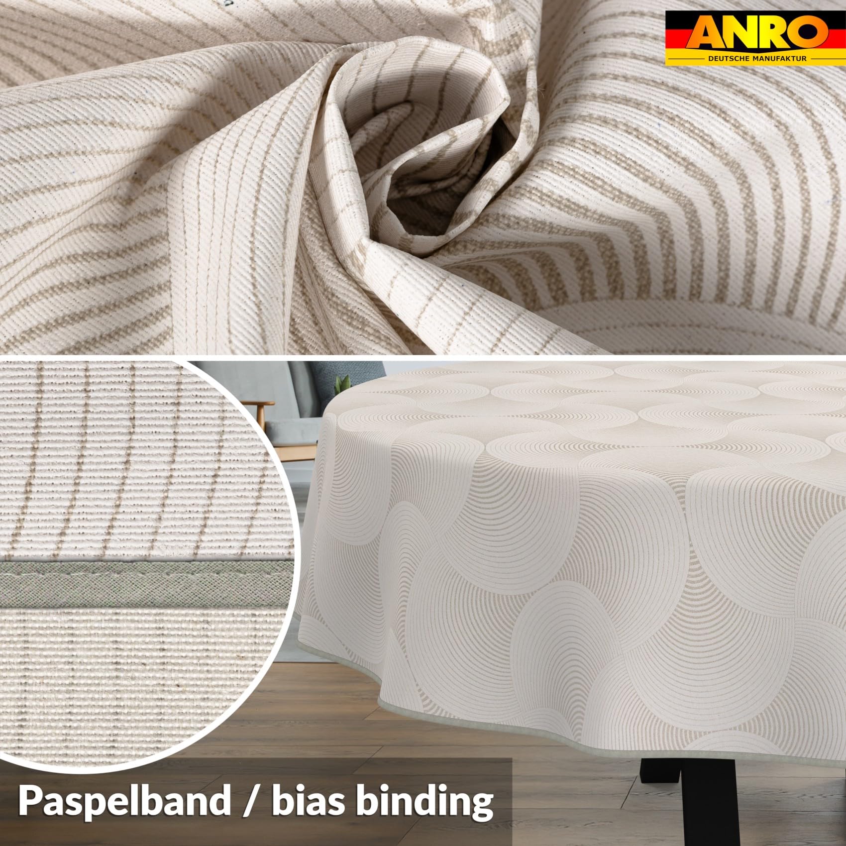 ANRO Tischdecke abwaschbar Curva Grau mit Saum oval 220x140 cm Tischwäsche